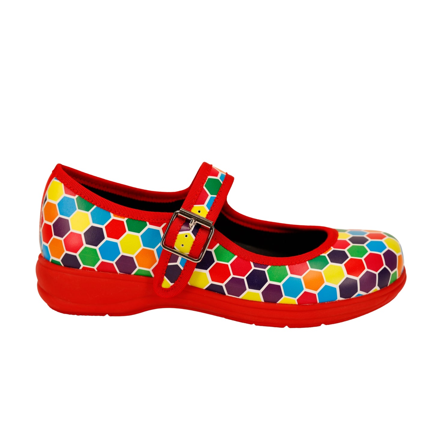 Honeycomb Mary Janes by RainbowsAndFairies.com.au (Hexagon - Rainbow - Honeycomb Print - Buckle Up Shoes - Mismatched Shoes - Stripes) - SKU: FW_MARYJ_HONEY_ORG - Pic-04