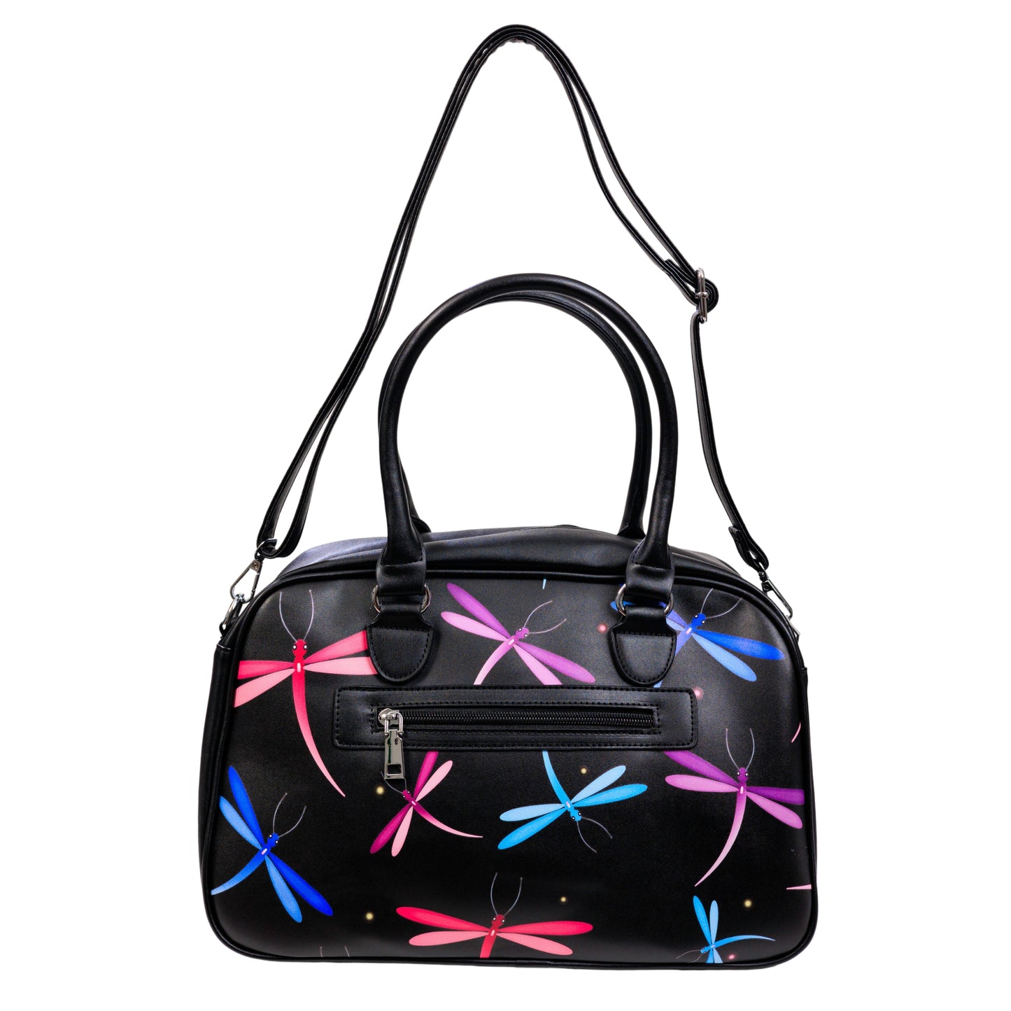 Midnight Dreaming Bowler Bag by RainbowsAndFairies.com (Dragonfly - Pink & Purple - Butterfly - Kitsch - Bowler Style - Bowling Bag - Handbag - Vintage Inspired - Rockabilly) - SKU: BG_BOWLR_DREAM_MID - Pic 03