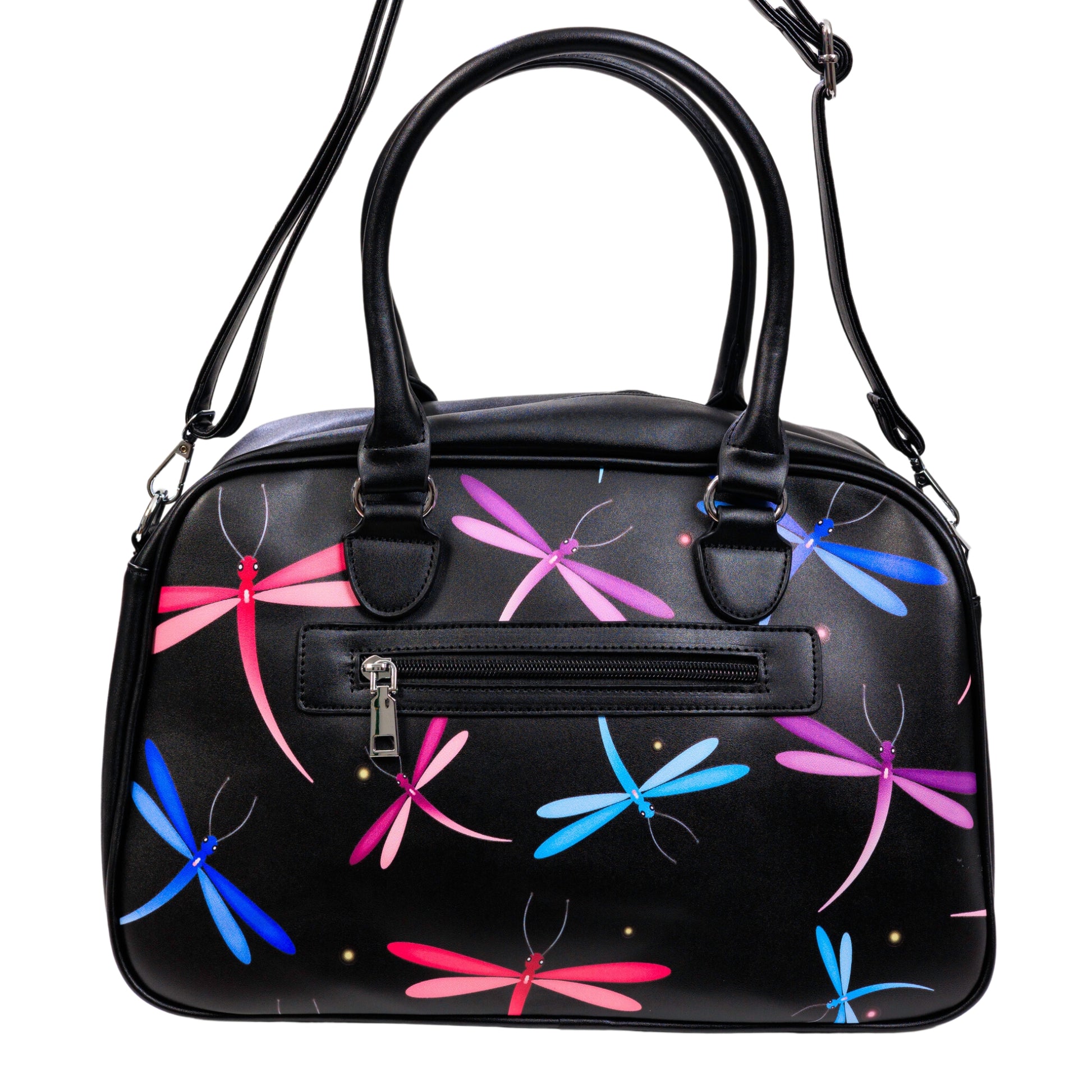 Midnight Dreaming Bowler Bag by RainbowsAndFairies.com (Dragonfly - Pink & Purple - Butterfly - Kitsch - Bowler Style - Bowling Bag - Handbag - Vintage Inspired - Rockabilly) - SKU: BG_BOWLR_DREAM_MID - Pic 04