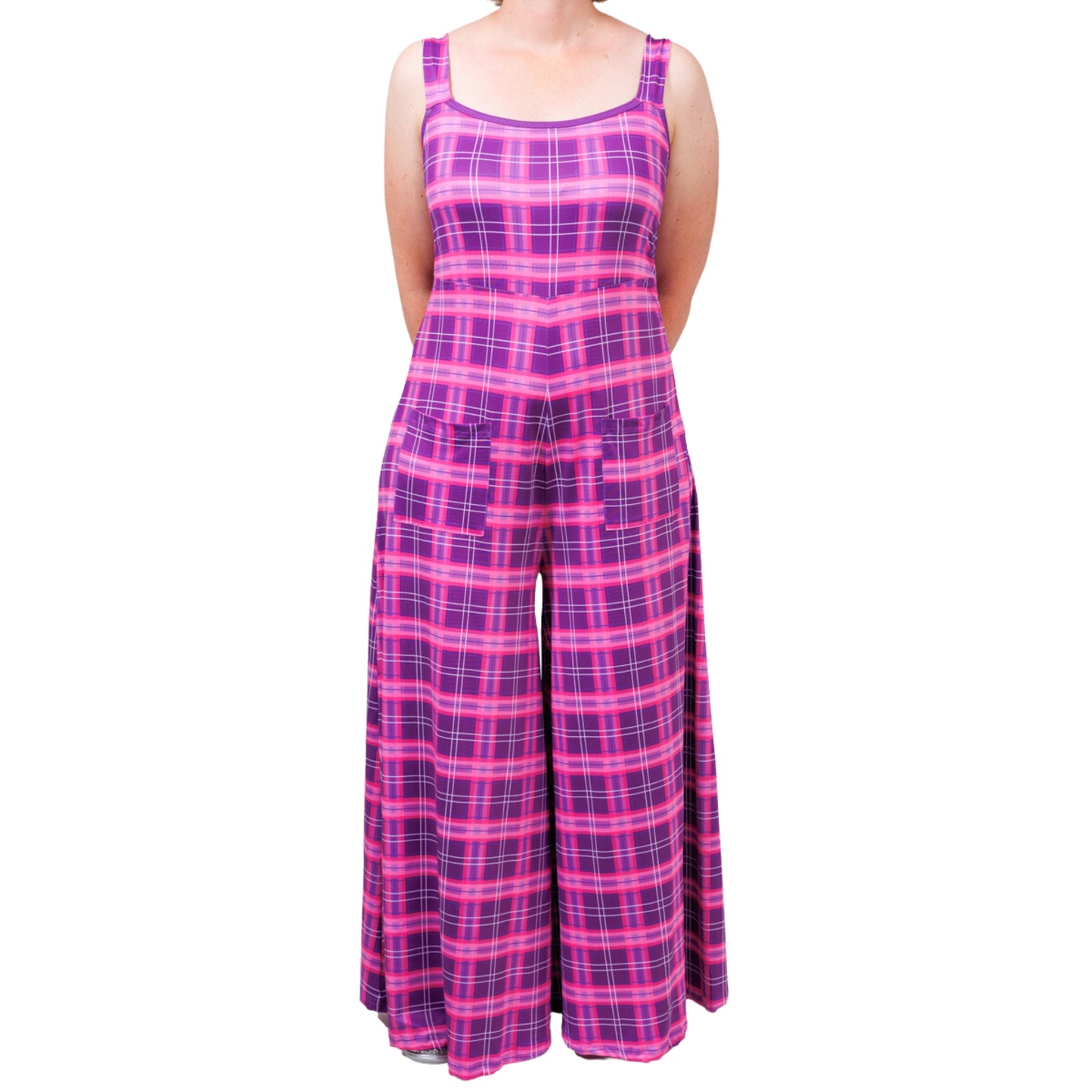 Purple Plaid Jumpsuit by RainbowsAndFairies.com.au (Purple Check - Tartan - Overalls - Wide Leg Pants - Kitsch - Rockabilly) - SKU: CL_JUMPS_PLAID_PUR - Pic-01