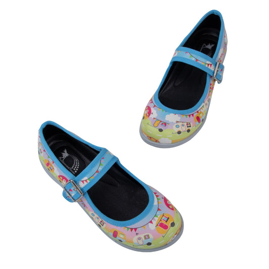 Road Trip Mary Janes by RainbowsAndFairies.com.au (Caravans - Campervan - Mismatched Shoes - Glitter Shoes - Kawaii) - SKU: FW_MARYJ_RTRIP_ORG - Pic-01