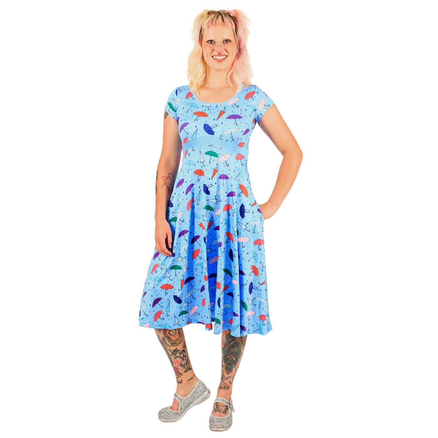 Brolly Tea Dress by RainbowsAndFairies.com (Umbrella - Rain - Raindrops - Dress With Pockets - Rockabilly - Vintage Inspired) - SKU: CL_TEADR_BROLL_ORG - Pic 02