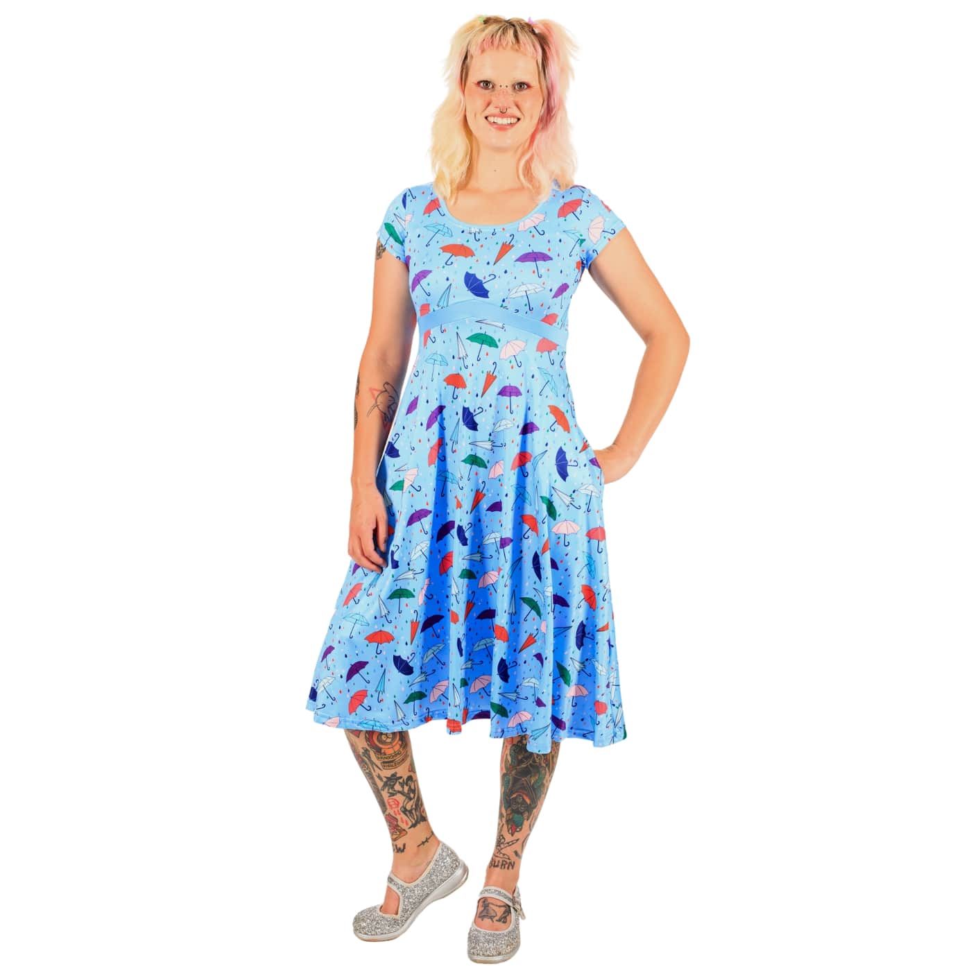 Brolly Tea Dress by RainbowsAndFairies.com (Umbrella - Rain - Raindrops - Dress With Pockets - Rockabilly - Vintage Inspired) - SKU: CL_TEADR_BROLL_ORG - Pic 03