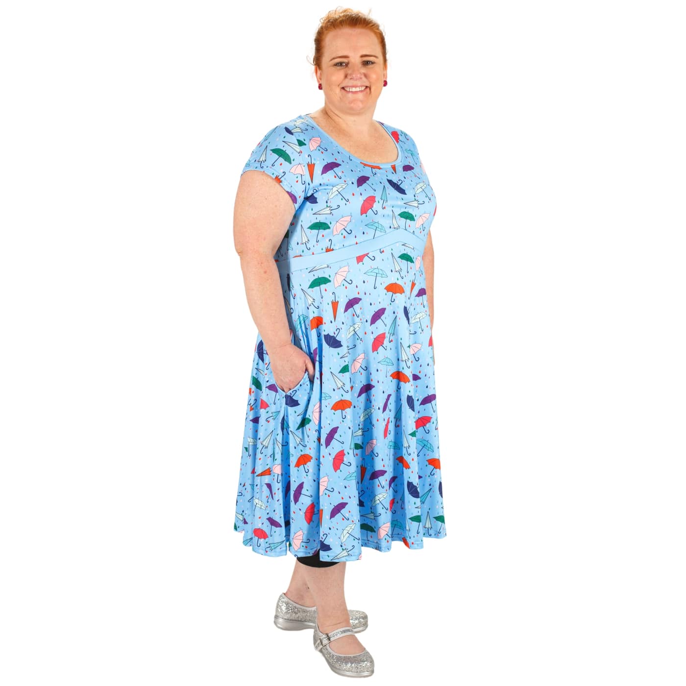 Brolly Tea Dress by RainbowsAndFairies.com (Umbrella - Rain - Raindrops - Dress With Pockets - Rockabilly - Vintage Inspired) - SKU: CL_TEADR_BROLL_ORG - Pic 05