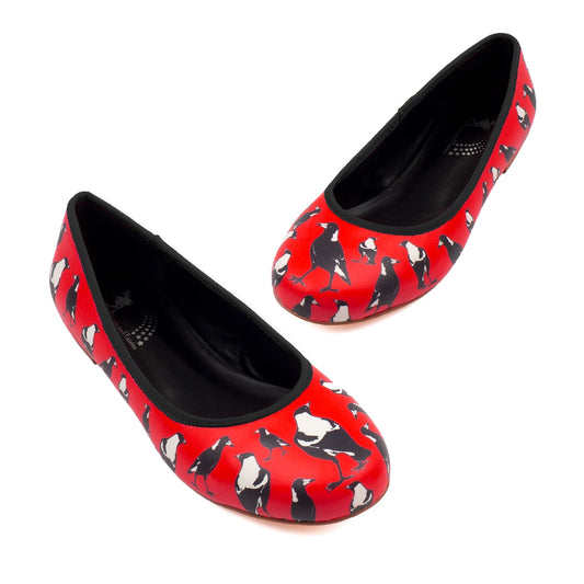 Charm Ballet Flats by RainbowsAndFairies.com (Magpies - Red - Black& White - Slip Ons - Mismatched Shoes) - SKU: FW_BALET_CHARM_ORG - Pic 01