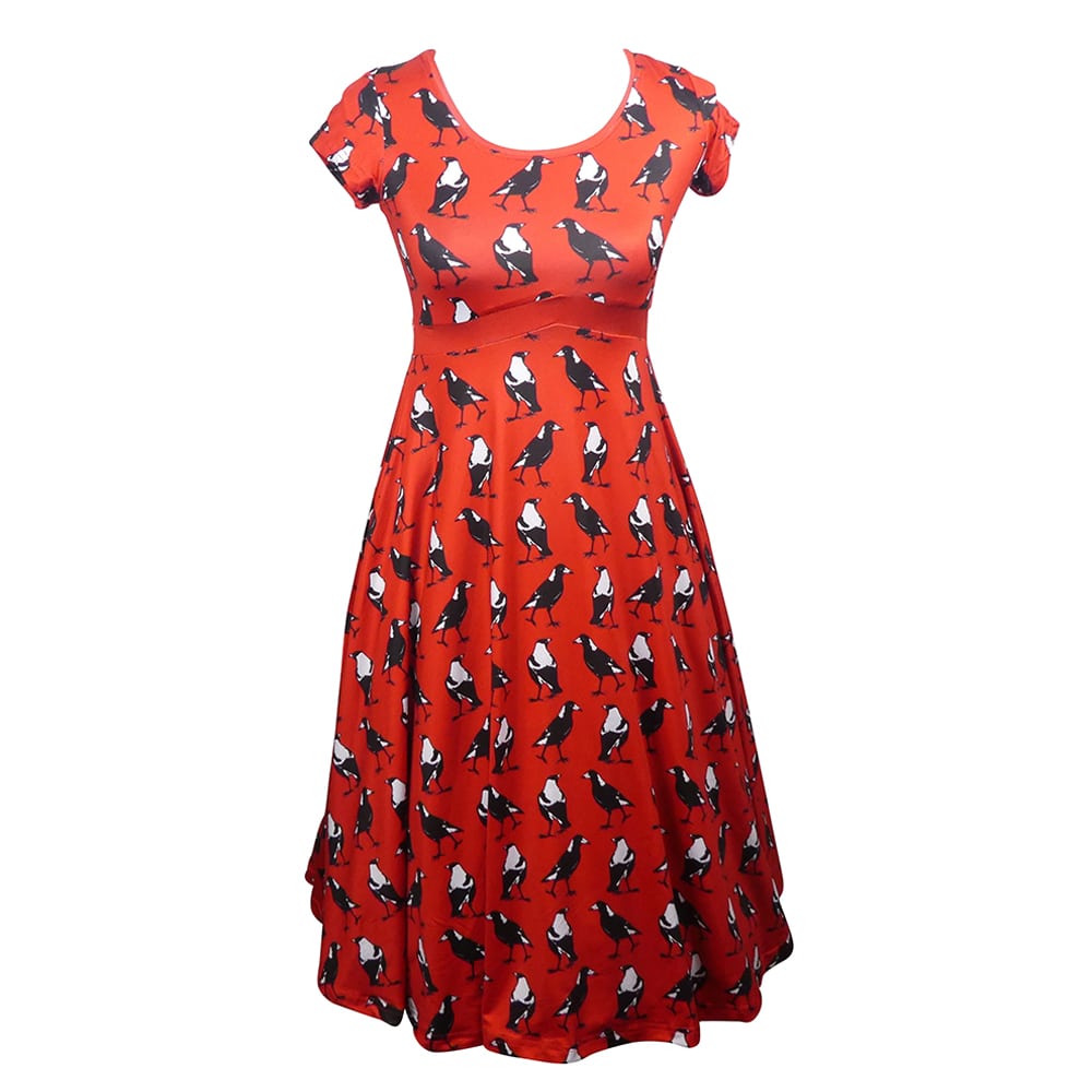 Charm Tea Dress by RainbowsAndFairies.com (Magpie - Black & White - Red - Australian Bird - Rock & Roll - Dress With Pockets - Rockabilly - Vintage Inspired) - SKU: CL_TEADR_CHARM_ORG - Pic 01