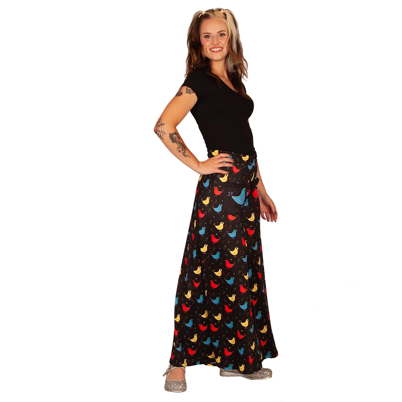 Chirp Wide Leg Pants by RainbowsAndFairies.com.au (Cute Birds - Partridge Family Inspired - Pants With Pockets - Pallazo Pants - Flares) - SKU: CL_WIDEL_CHIRP_ORG - Pic-03