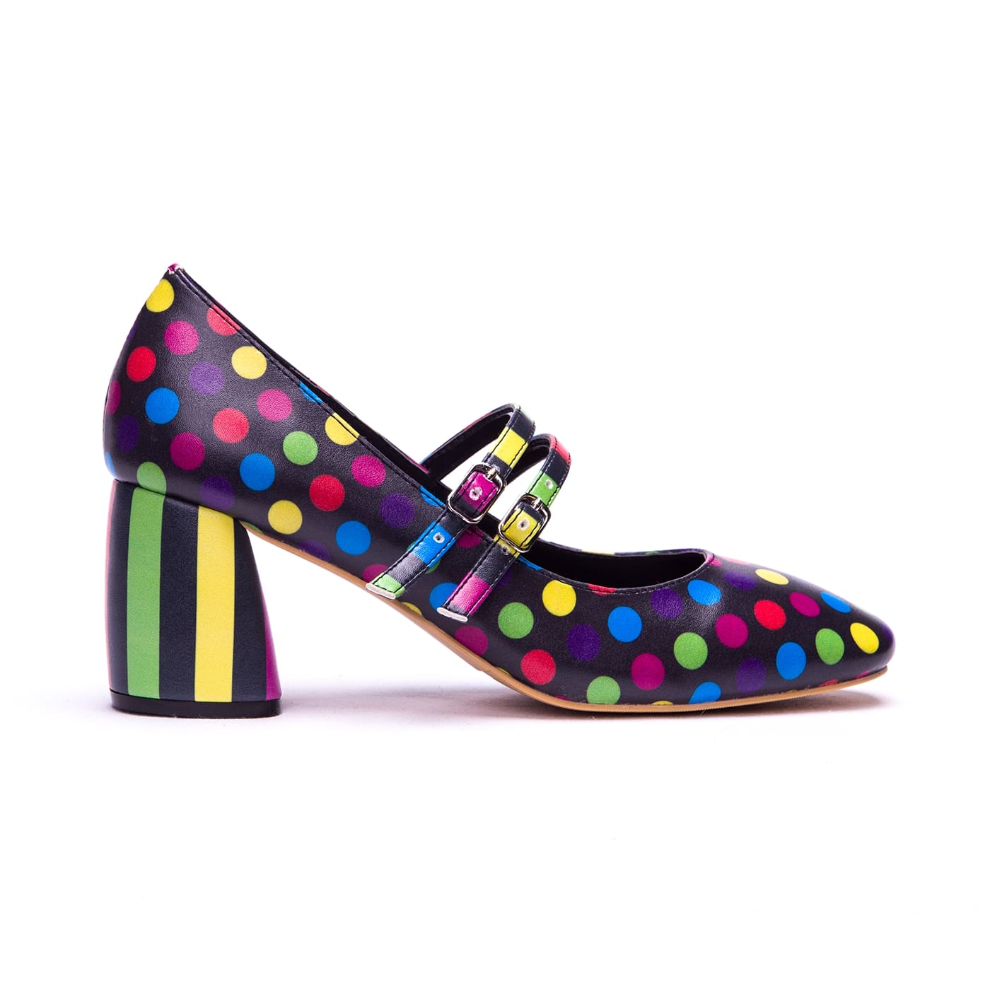 Confetti Heels by RainbowsAndFairies.com (Coloured Polka Dots - Bright Colours - Rainbows - Quirky Shoes - Comfy Heels - Kitten Heels) - SKU: FW_HEELS_CONFT_ORG - Pic 04