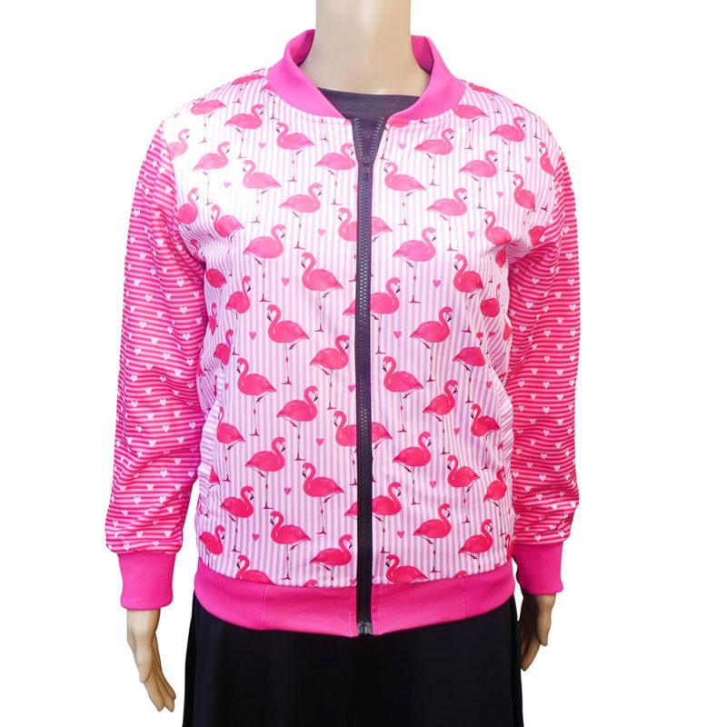 Flamingo Love Bomber Jacket by RainbowsAndFairies.com (Pink & White Stripes - Love Hearts - Hot Pink - Kitsch - Biker Jacket - Coat - Rock & Roll) - SKU: CL_BOMBJ_FLOVE_ORG - Pic 01