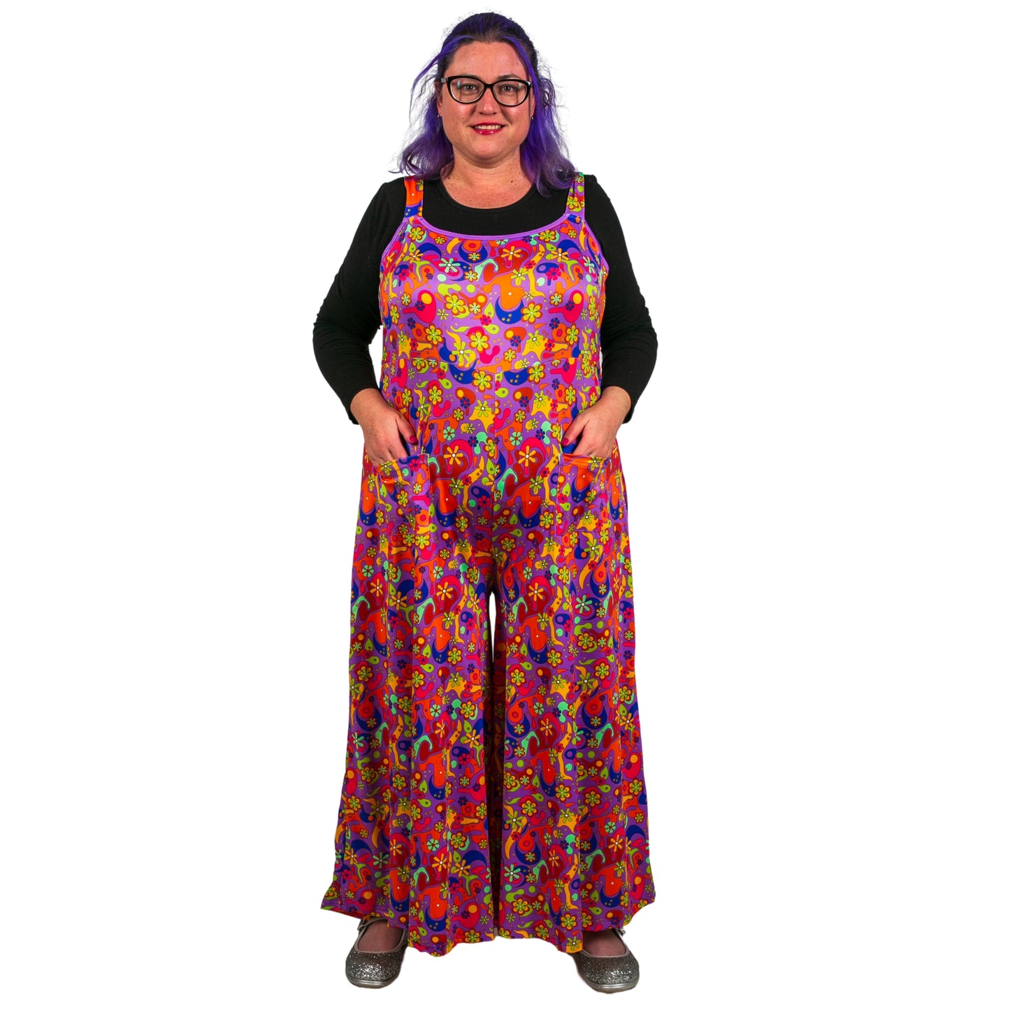 Flower Power Jumpsuit by RainbowsAndFairies.com.au (Floral Print - Woodstock - Psychedelic - Overalls - Kitsch - Retro - Wide Leg Pants - Rockabilly) - SKU: CL_JUMPS_FLOPO_ORG - Pic-05
