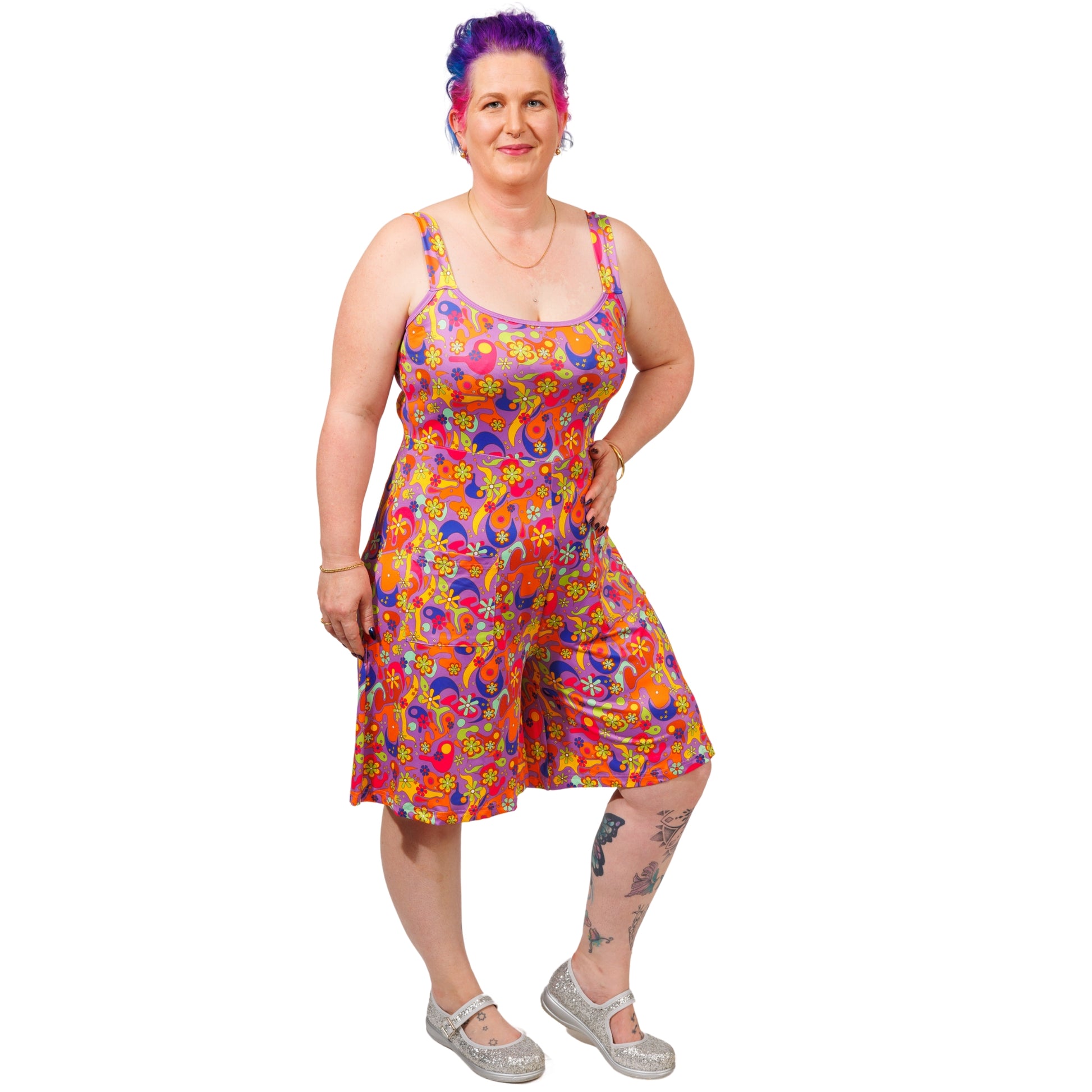 Flower Power Romper by RainbowsAndFairies.com.au (Psychedelic - Woodstock - Floral - Playsuit - Shorts - Kitsch - Rockabilly) - SKU: CL_ROMPR_FLOPO_ORG - Pic-02