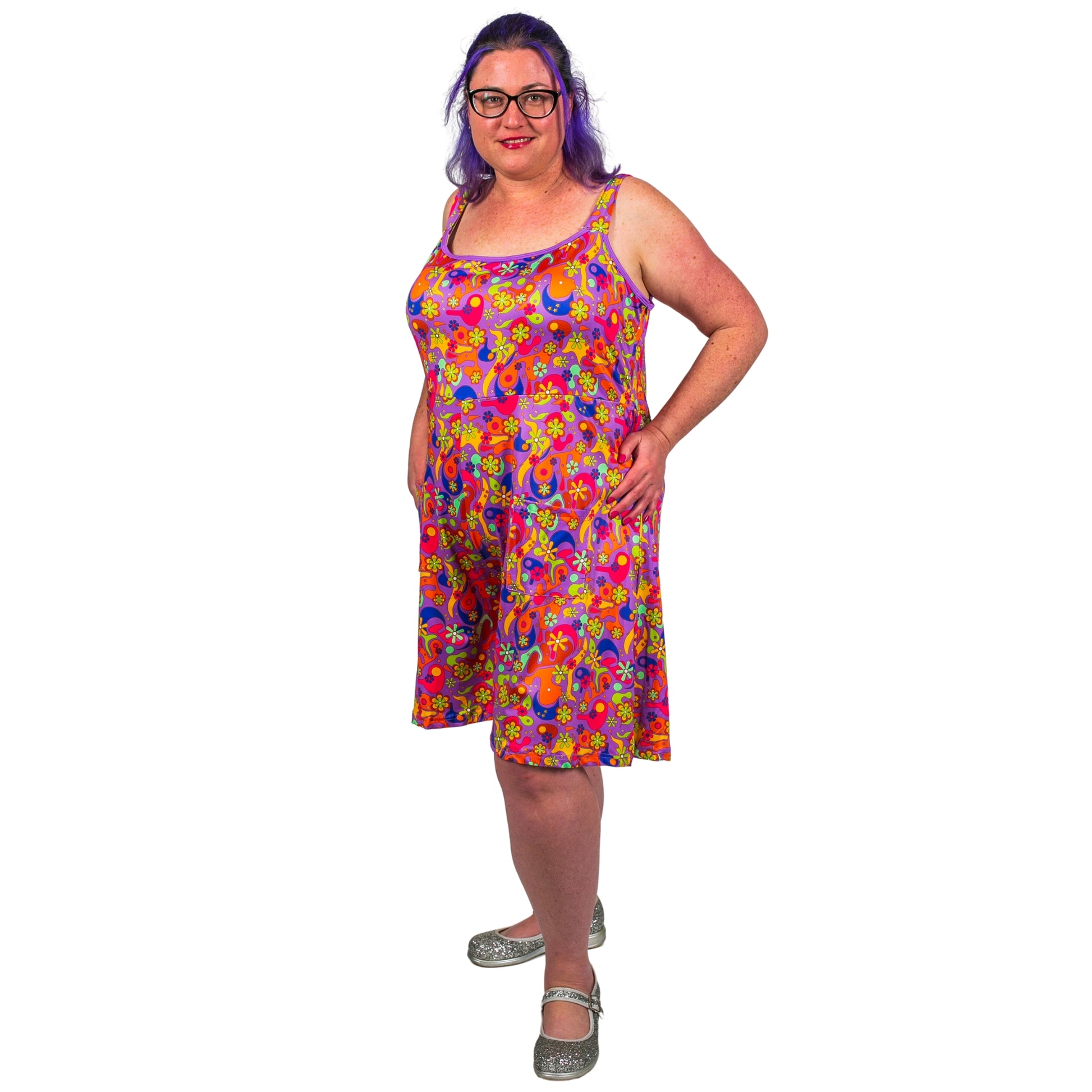 Flower Power Romper by RainbowsAndFairies.com.au (Psychedelic - Woodstock - Floral - Playsuit - Shorts - Kitsch - Rockabilly) - SKU: CL_ROMPR_FLOPO_ORG - Pic-04