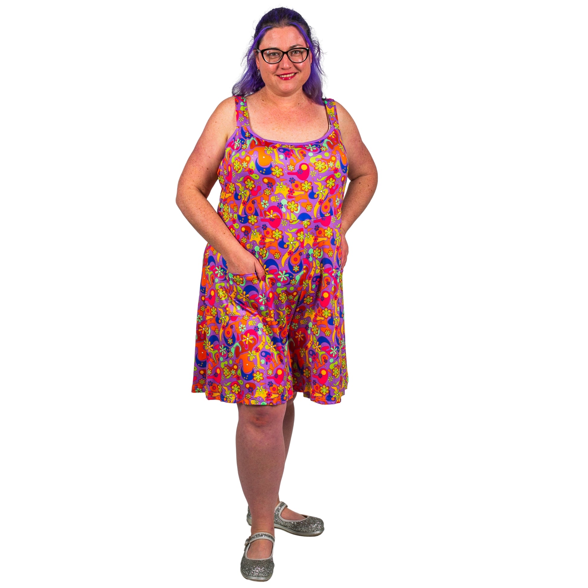 Flower Power Romper by RainbowsAndFairies.com.au (Psychedelic - Woodstock - Floral - Playsuit - Shorts - Kitsch - Rockabilly) - SKU: CL_ROMPR_FLOPO_ORG - Pic-05