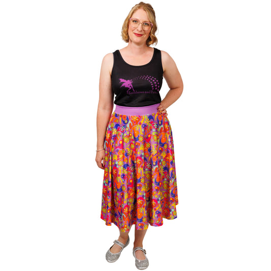 Flower Power Swishy Skirt by RainbowsAndFairies.com.au (Floral Print - Woodstock - Psychedelic - Circle Skirt - Kitsch - Retro - Skirt With Pockets) - SKU: CL_SWISH_FLOPO_ORG - Pic-01