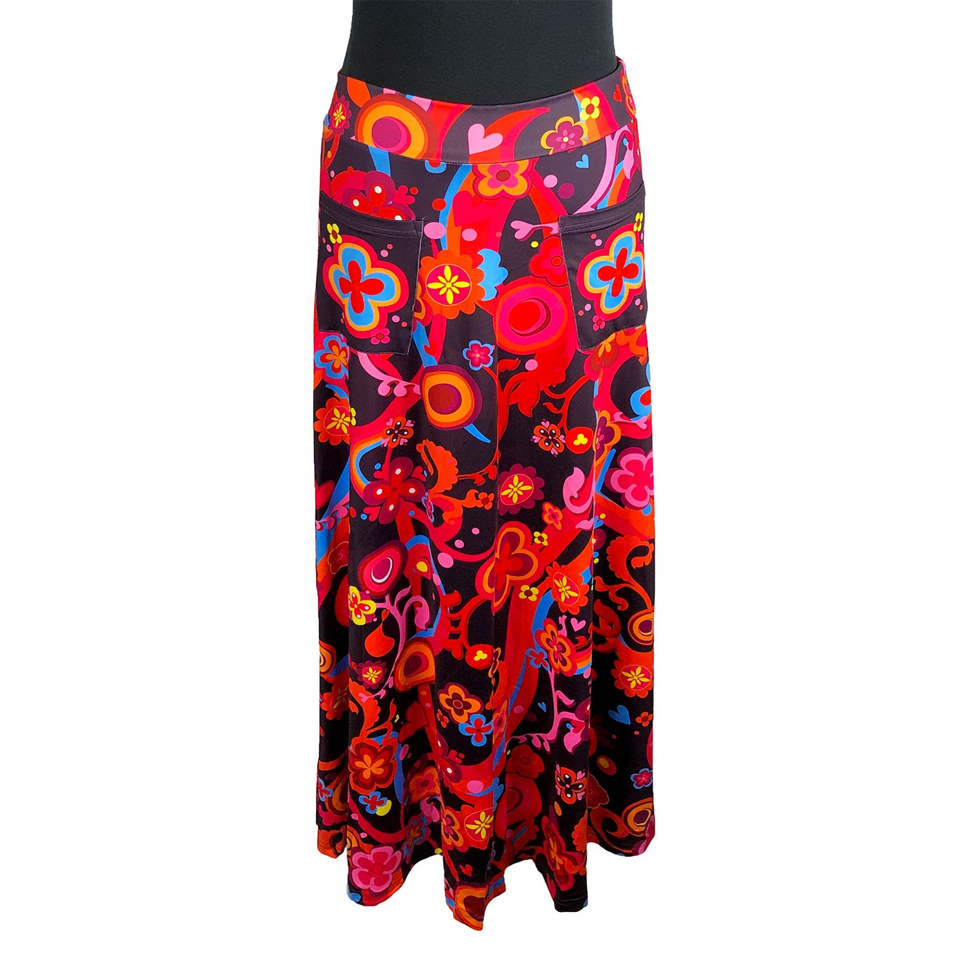 Groovy Maxi Skirt by RainbowsAndFairies.com.au (Flower Power - Psychedelic - Woodstock - Skirt With Pockets - Boho - Mod Retro - Vintage Inspired) - SKU: CL_MAXIS_GROOV_ORG - Pic-01