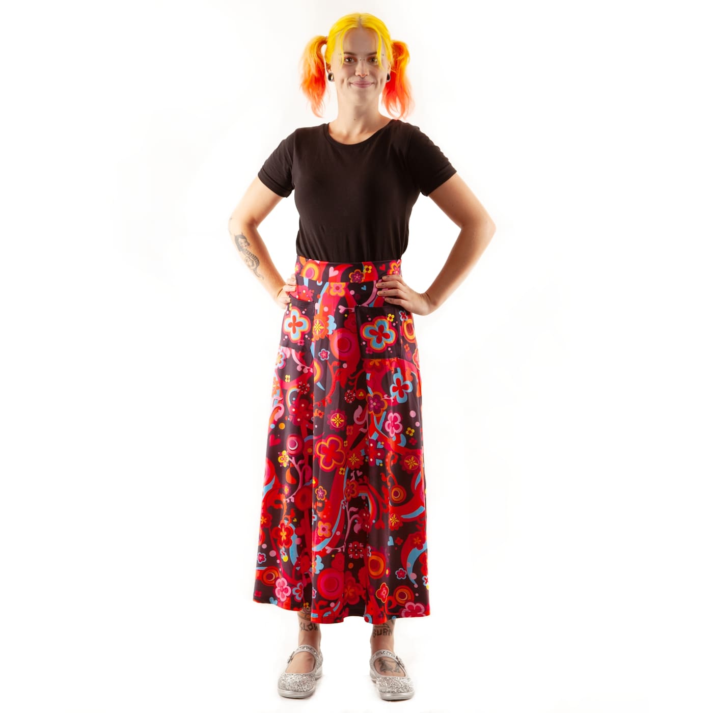 Groovy Maxi Skirt by RainbowsAndFairies.com.au (Flower Power - Psychedelic - Woodstock - Skirt With Pockets - Boho - Mod Retro - Vintage Inspired) - SKU: CL_MAXIS_GROOV_ORG - Pic-03