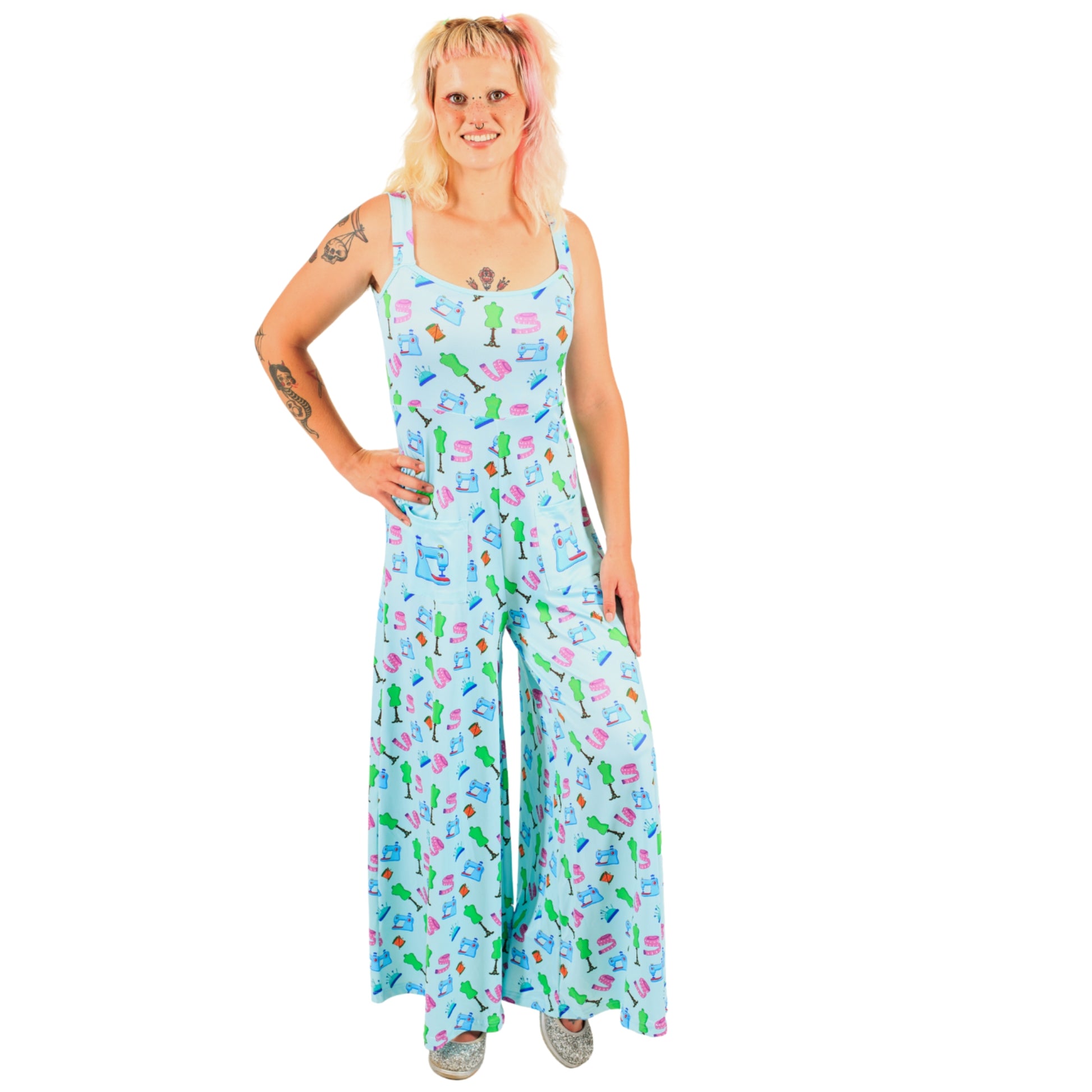 Haberdashery Jumpsuit by RainbowsAndFairies.com.au (Sewing - Dressmaking - Overalls - Wide Leg Pants - Kitsch - Rockabilly) - SKU: CL_JUMPS_HABER_ORG - Pic-03