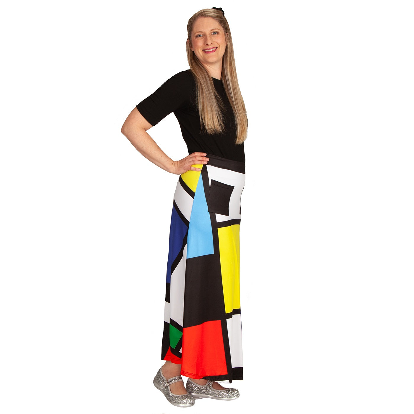 Intrigue Maxi Skirt by RainbowsAndFairies.com.au (Black Cats - Mondrian Art - Check Print - Skirt With Pockets - Boho - Mod Retro - Vintage Inspired) - SKU: CL_MAXIS_INTRG_ORG - Pic-05