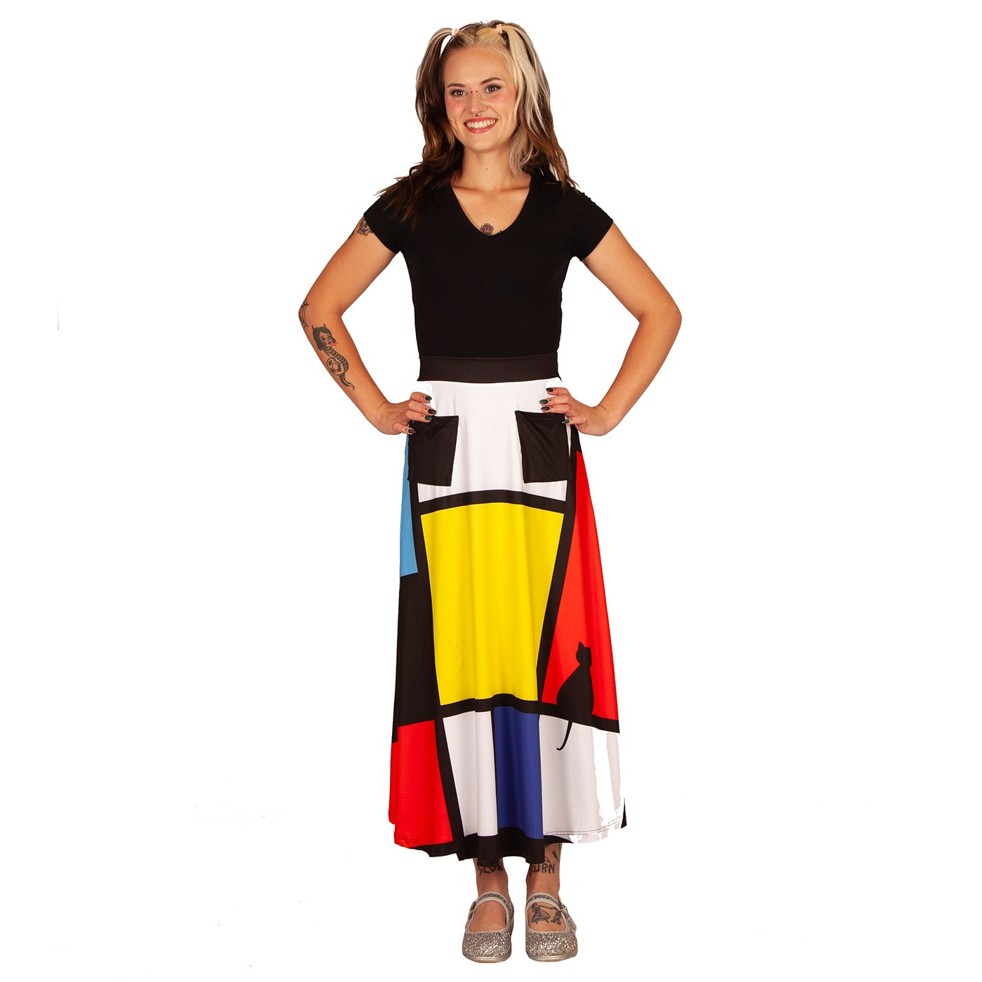 Intrigue Maxi Skirt by RainbowsAndFairies.com.au (Black Cats - Mondrian Art - Check Print - Skirt With Pockets - Boho - Mod Retro - Vintage Inspired) - SKU: CL_MAXIS_INTRG_ORG - Pic-06