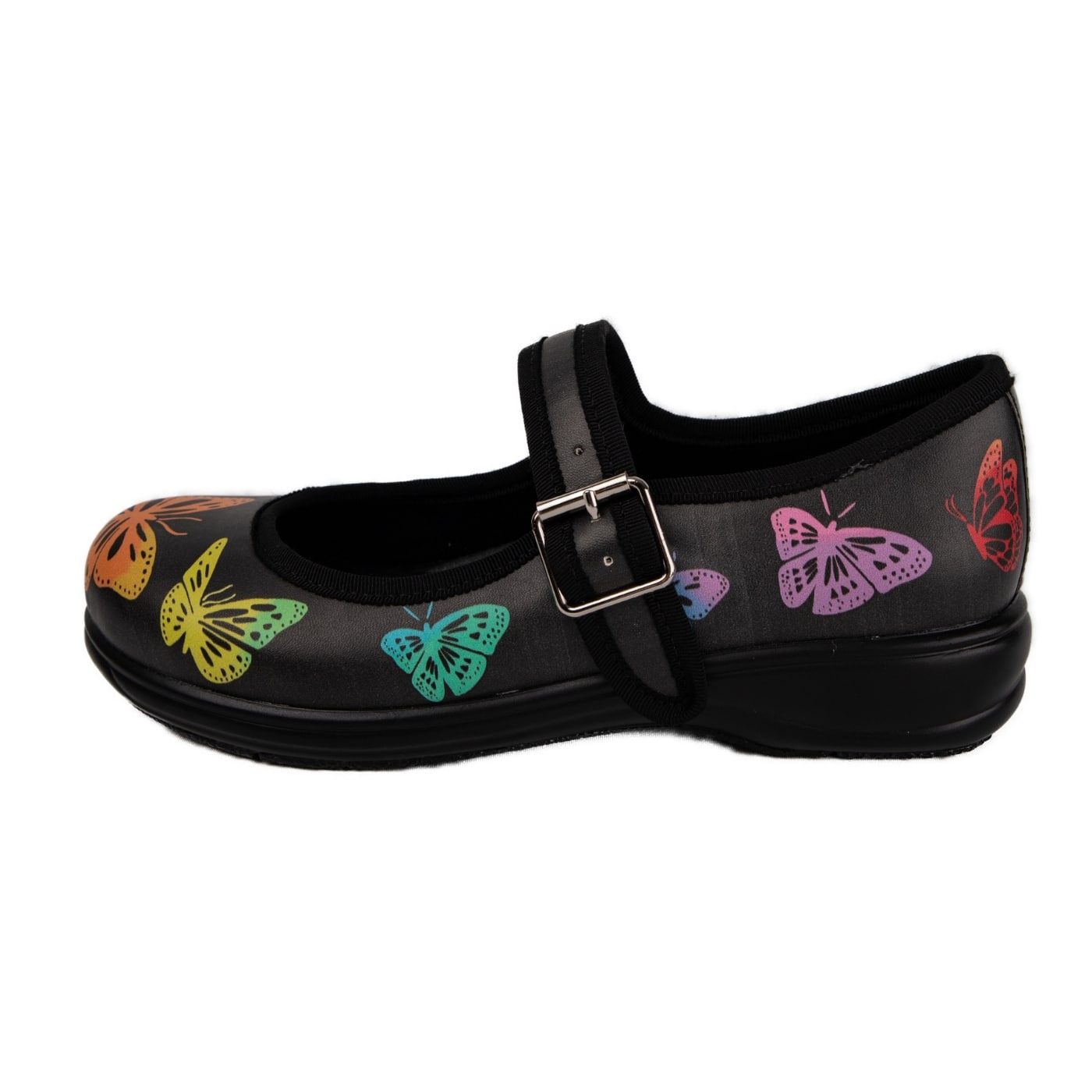 Kaleidoscope Mary Janes by RainbowsAndFairies.com.au (Monarch Butterfly - Mismtached Shoes - Dark Butterfly - Cute - Quirky) - SKU: FW_MARYJ_KSCOP_ORG - Pic-03