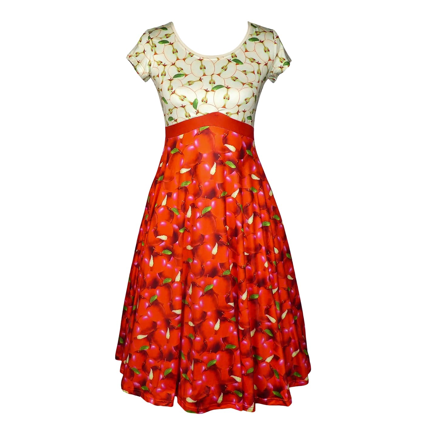Orchard Tea Dress by RainbowsAndFairies.com (Red Apples - Apple Core - Snow White - Pin Up Dress - Rockabilly - Rock & Roll) - SKU: CL_TEADR_ORCHD_ORG - Pic 01
