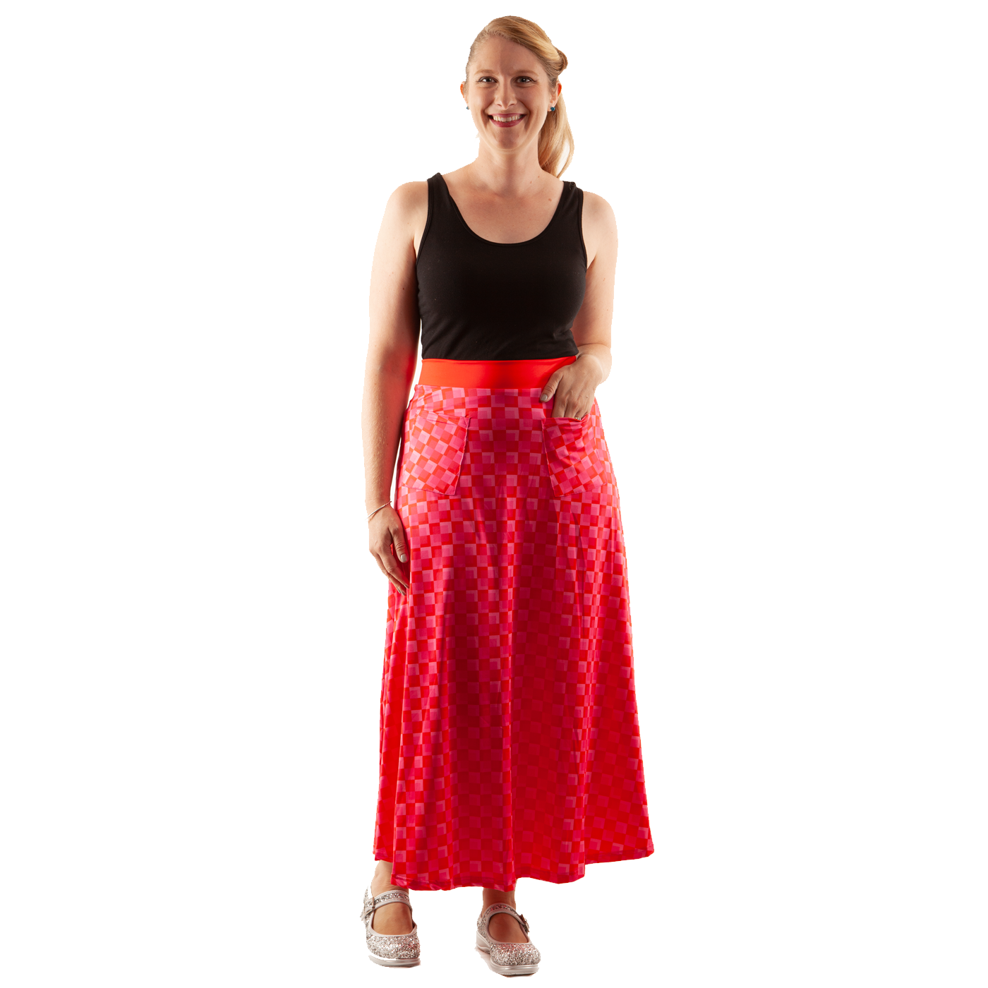 Pretty Maxi Skirt by RainbowsAndFairies.com (Pink & Red - Maxi Skirt With Pockets - Check Print - Geometric) - SKU: CL_MAXIS_PRETY_ORG - Pic 03
