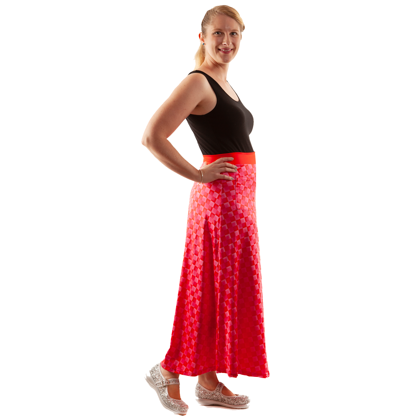 Pretty Maxi Skirt by RainbowsAndFairies.com (Pink & Red - Maxi Skirt With Pockets - Check Print - Geometric) - SKU: CL_MAXIS_PRETY_ORG - Pic 04