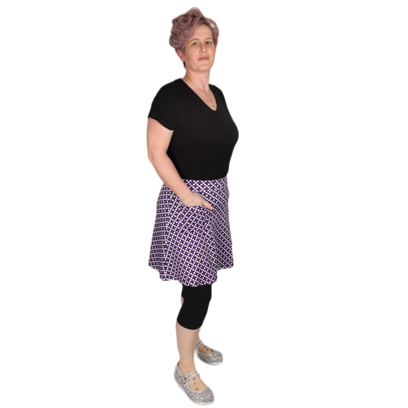 Purple Check Short Skirt by RainbowsAndFairies.com.au (Check Print - Purple - Black - White - Kitsch - Aline Skirt With Pockets - Vintage Inspired) - SKU: CL_SHORT_CHECK_PUR - Pic-06