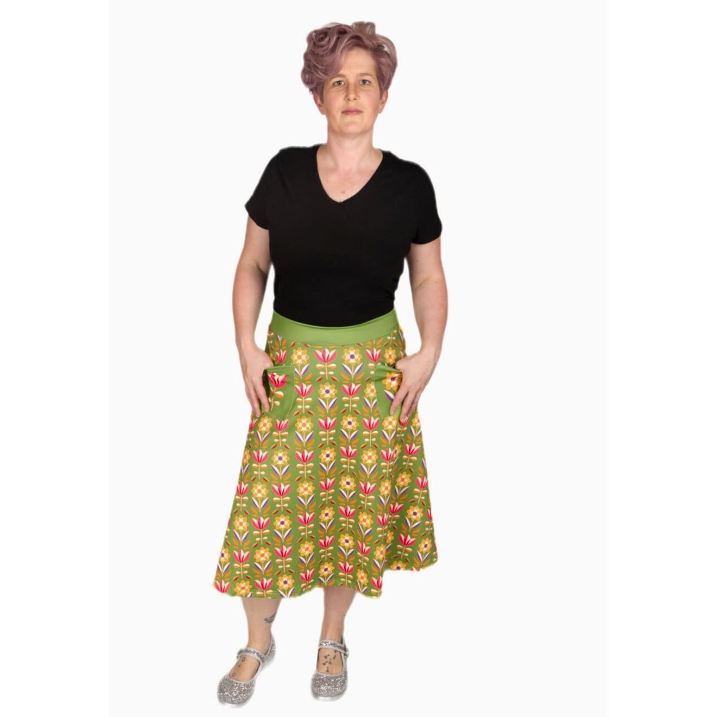 Retro Flower Original Skirt by RainbowsAndFairies.com.au (Retro Floral - 70s Wallpaper - Tulip - Kitsch - Aline Skirt With Pockets - Vintage Inspired) - SKU: CL_OSKRT_RETFL_ORG - Pic-05