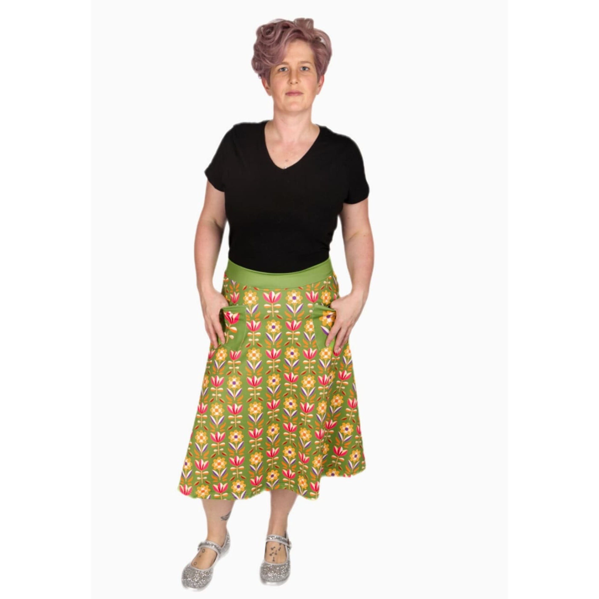 Retro Flower Original Skirt by RainbowsAndFairies.com.au (Retro Floral - 70s Wallpaper - Tulip - Kitsch - Aline Skirt With Pockets - Vintage Inspired) - SKU: CL_OSKRT_RETFL_ORG - Pic-05