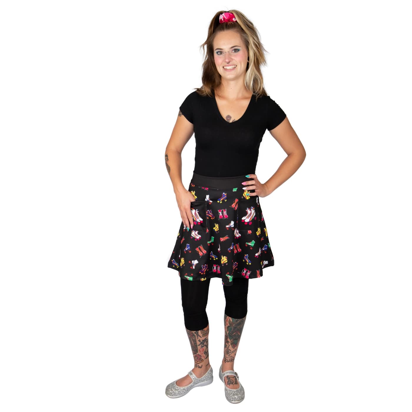 Retro Skates Short Skirt by RainbowsAndFairies.com.au (Rollerskates - Roller Derby - Skating - Kitsch - Aline Skirt With Pockets - Vintage Inspired) - SKU: CL_SHORT_RETRO_ORG - Pic-03