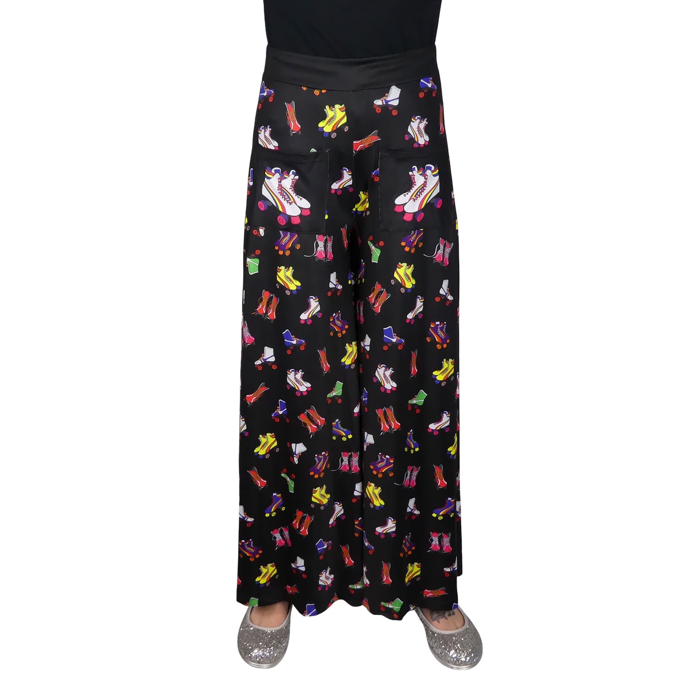 Retro Skates Wide Leg Pants by RainbowsAndFairies.com.au (Roller Skates - Roller Derby - Pants With Pockets - Pallzao Pants - Flares - Bell Bottoms) - SKU: CL_WIDEL_RETRO_ORG - Pic-01