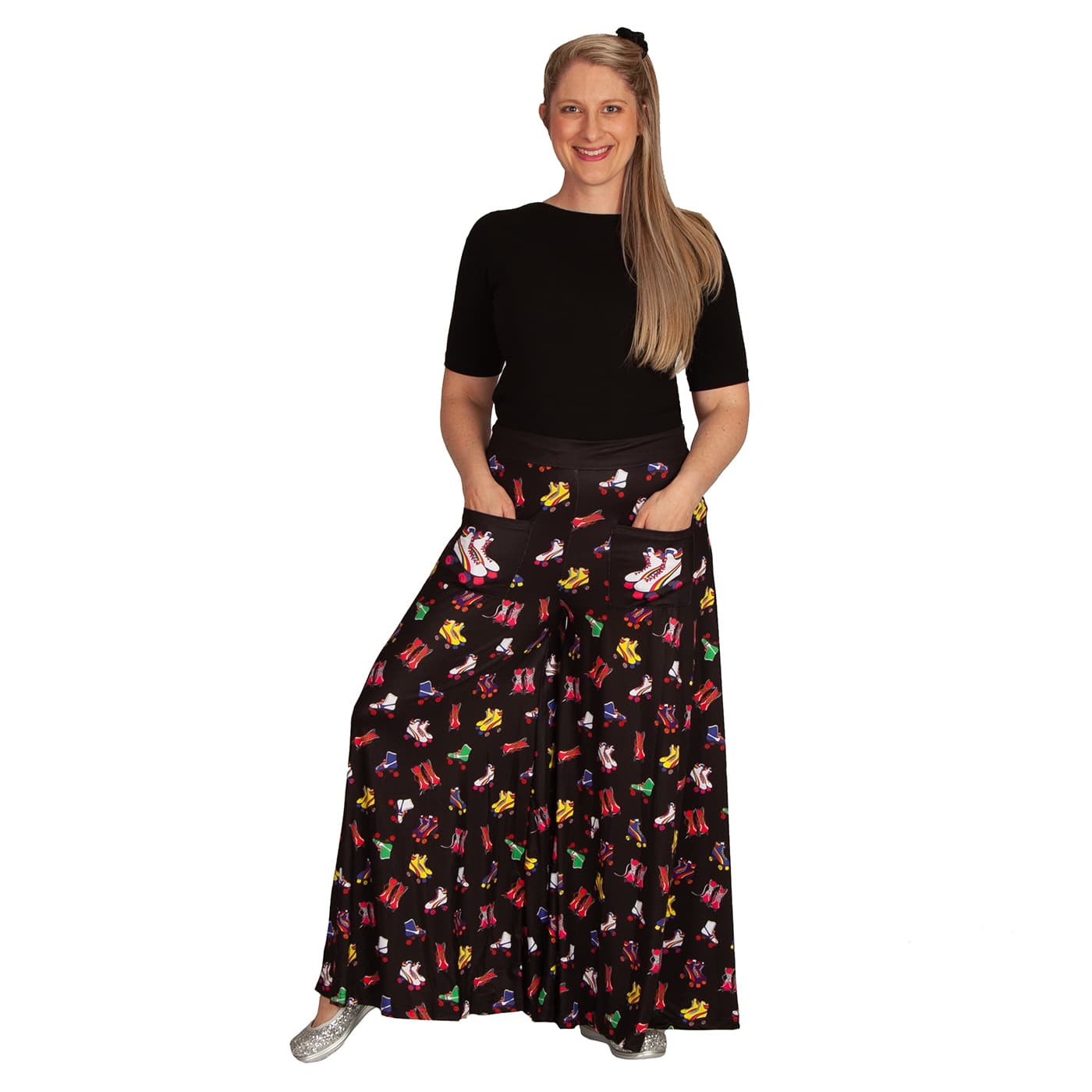Retro Skates Wide Leg Pants by RainbowsAndFairies.com.au (Roller Skates - Roller Derby - Pants With Pockets - Pallzao Pants - Flares - Bell Bottoms) - SKU: CL_WIDEL_RETRO_ORG - Pic-02