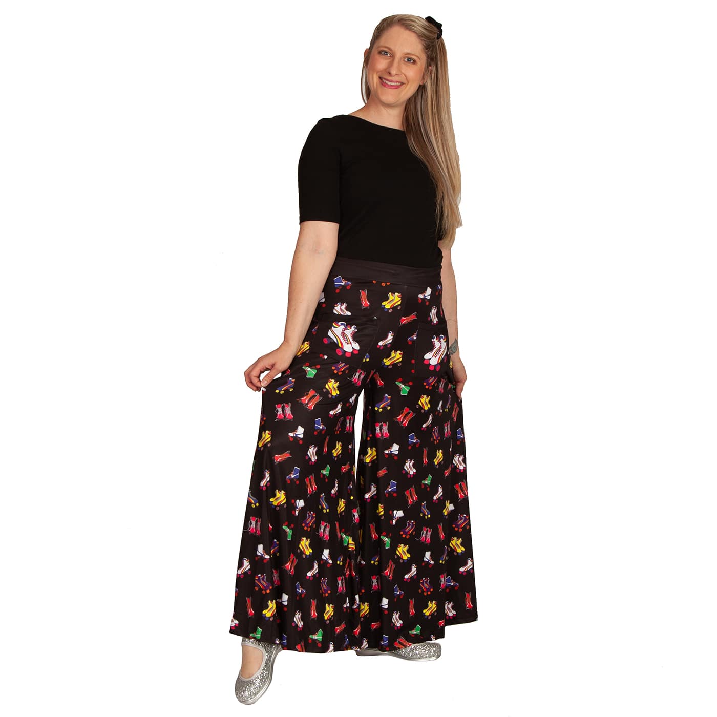 Retro Skates Wide Leg Pants by RainbowsAndFairies.com.au (Roller Skates - Roller Derby - Pants With Pockets - Pallzao Pants - Flares - Bell Bottoms) - SKU: CL_WIDEL_RETRO_ORG - Pic-03