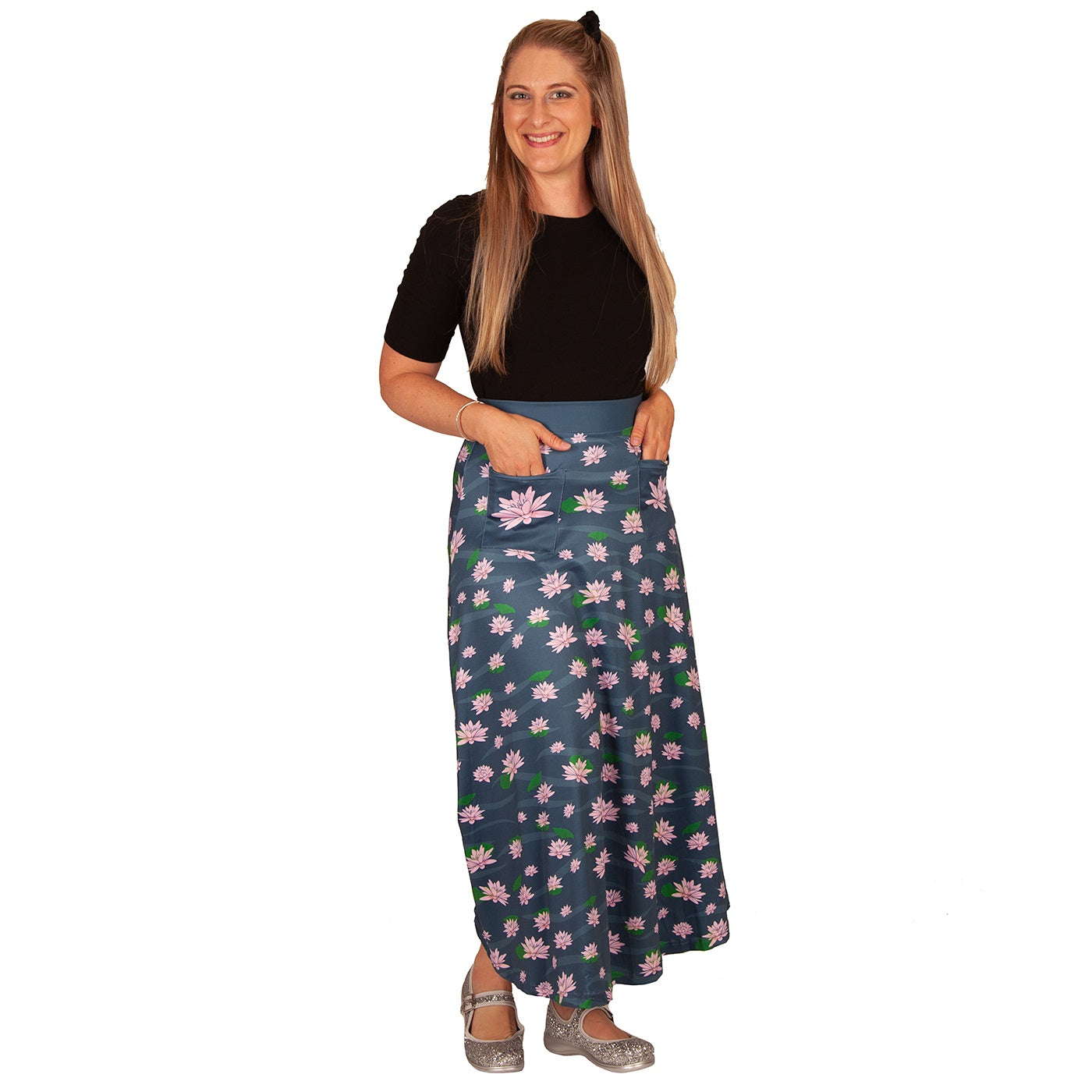 Serene Maxi Skirt by RainbowsAndFairies.com.au (Lotus Flower - Meditation - Yoga - Floral - Skirt With Pockets - Boho - Mod Retro - Vintage Inspired) - SKU: CL_MAXIS_SEREN_ORG - Pic-03
