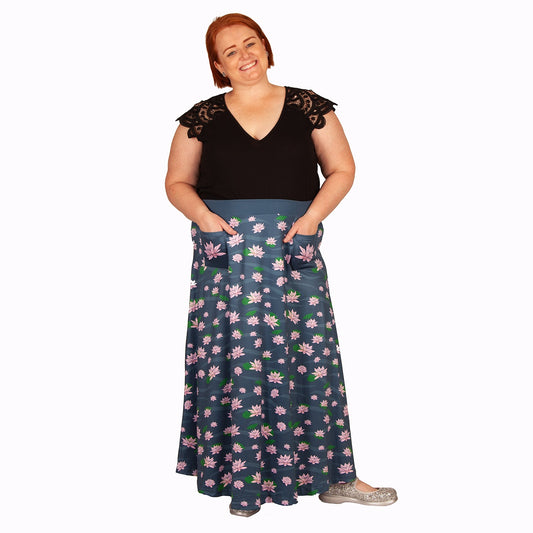 Serene Maxi Skirt by RainbowsAndFairies.com.au (Lotus Flower - Meditation - Yoga - Floral - Skirt With Pockets - Boho - Mod Retro - Vintage Inspired) - SKU: CL_MAXIS_SEREN_ORG - Pic-05