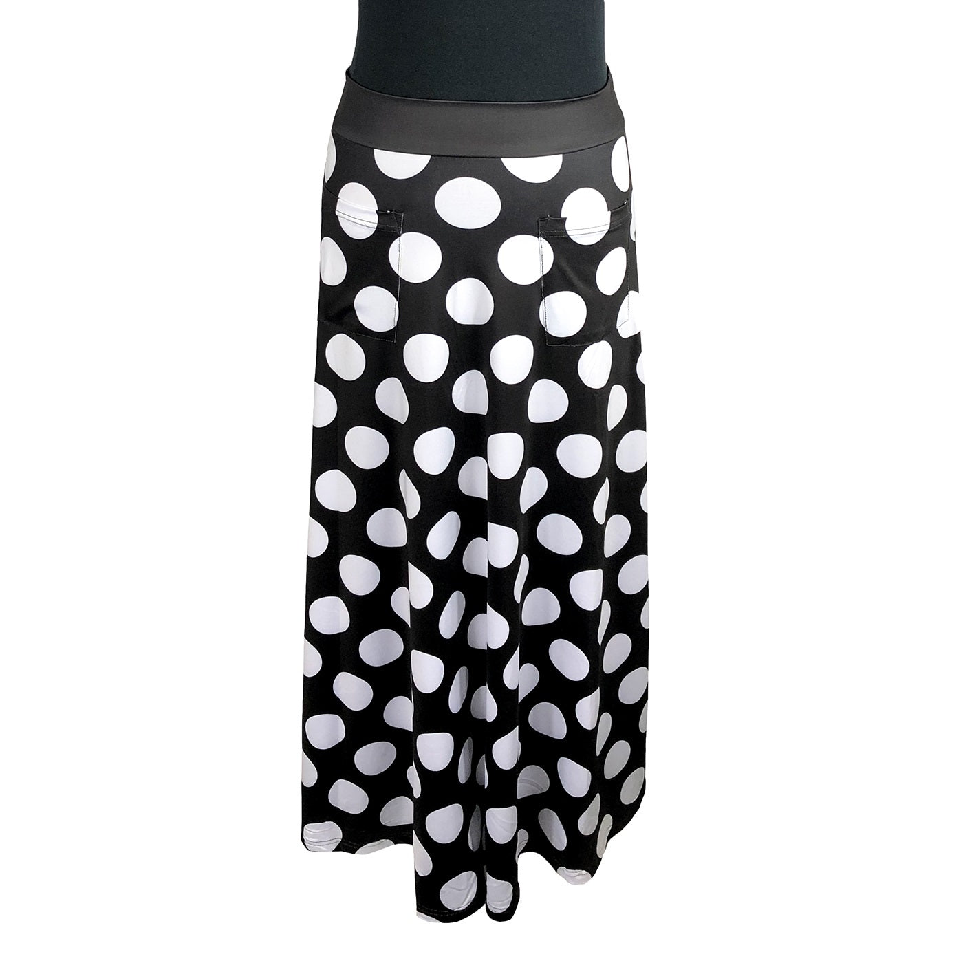 Spots Anyone Maxi Skirt by RainbowsAndFairies.com.au (Black & White - Monochrome - Polka Dot - Skirt With Pockets - Boho - Mod Retro - Vintage Inspired) - SKU: CL_MAXIS_SPOTS_ORG - Pic-01