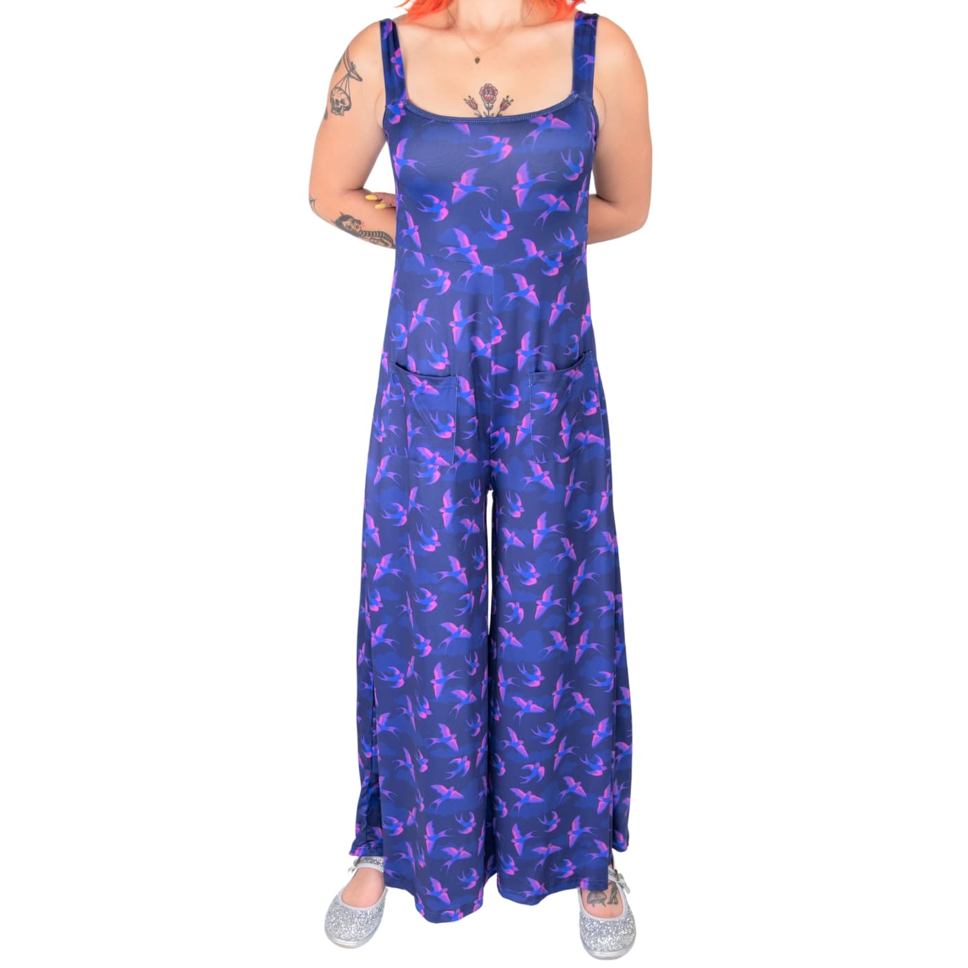 Swoop Jumpsuit by RainbowsAndFairies.com.au (Swallows - Bird Print - Overalls - Wide Leg Pants - Vintage Inspired - Kitsch - Pink Swallows - Blue) - SKU: CL_JUMPS_SWOOP_ORG - Pic-01