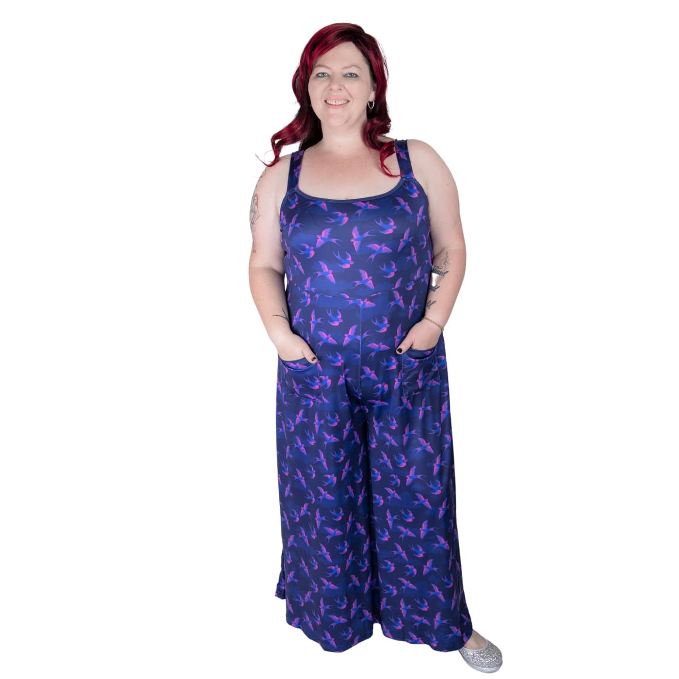 Swoop Jumpsuit by RainbowsAndFairies.com.au (Swallows - Bird Print - Overalls - Wide Leg Pants - Vintage Inspired - Kitsch - Pink Swallows - Blue) - SKU: CL_JUMPS_SWOOP_ORG - Pic-02