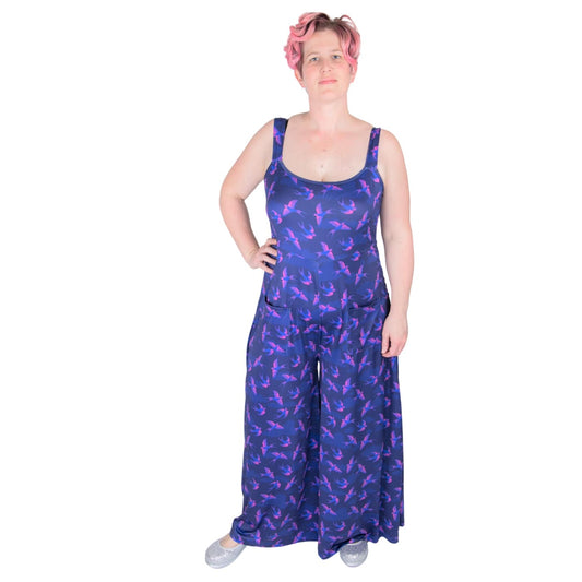Swoop Jumpsuit by RainbowsAndFairies.com.au (Swallows - Bird Print - Overalls - Wide Leg Pants - Vintage Inspired - Kitsch - Pink Swallows - Blue) - SKU: CL_JUMPS_SWOOP_ORG - Pic-07