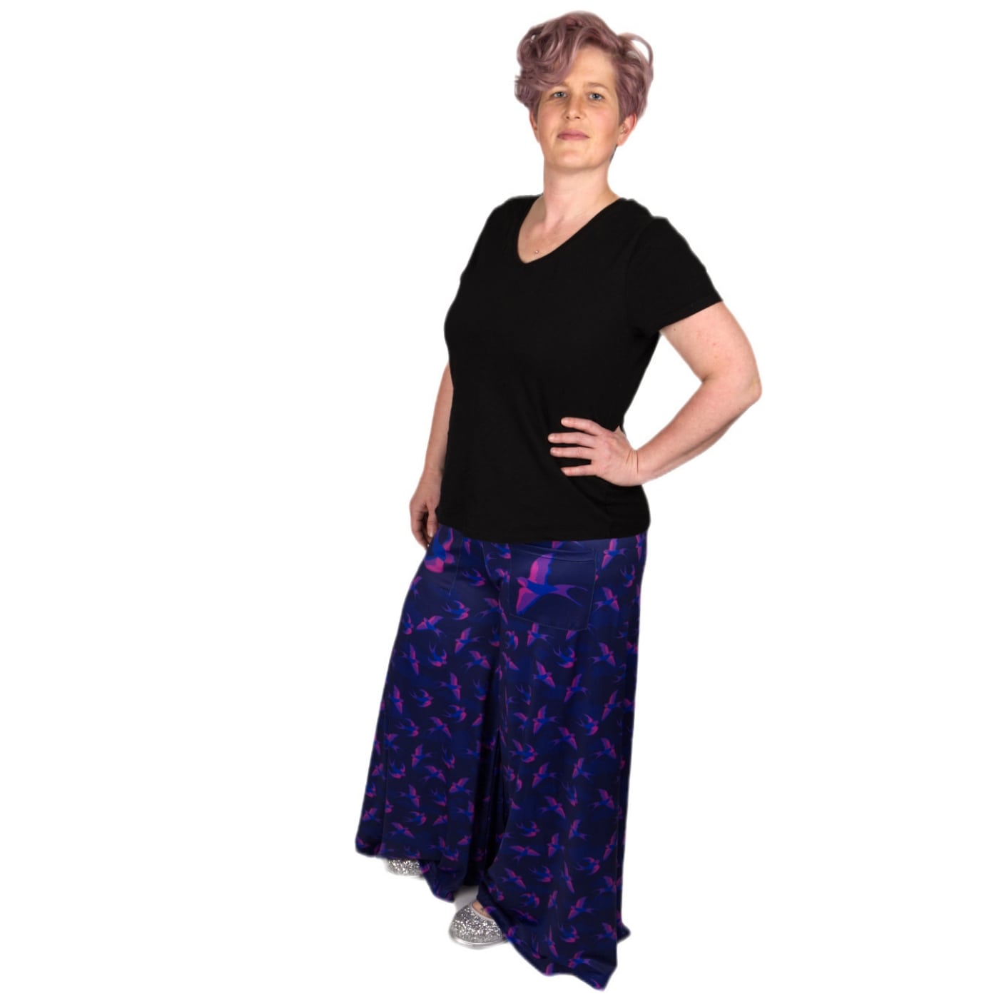 Swoop Wide Leg Pants by RainbowsAndFairies.com.au (Swallows - Bird - Purple - Blue - Vintage Inspired - Flares - Pants With Pockets - Animal Print) - SKU: CL_WIDEL_SWOOP_ORG - Pic-03