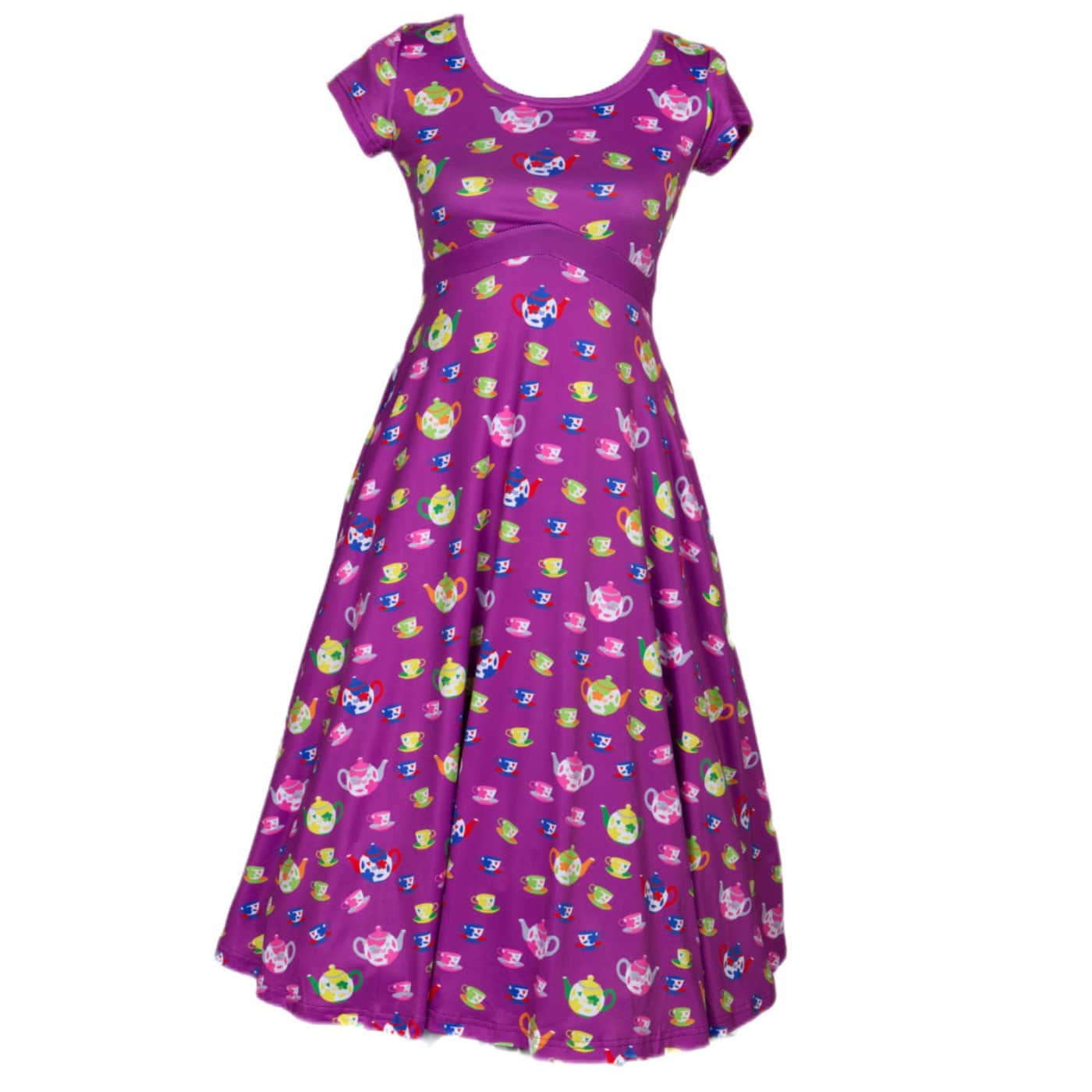 Tea Party Tea Dress by RainbowsAndFairies.com.au (Teacup - Teapot - Alice In Wonderland - Purple - Kitsch - Dress With Pockets - Vintage Inspired) - SKU: CL_TEADR_TEAPA_ORG - Pic-01