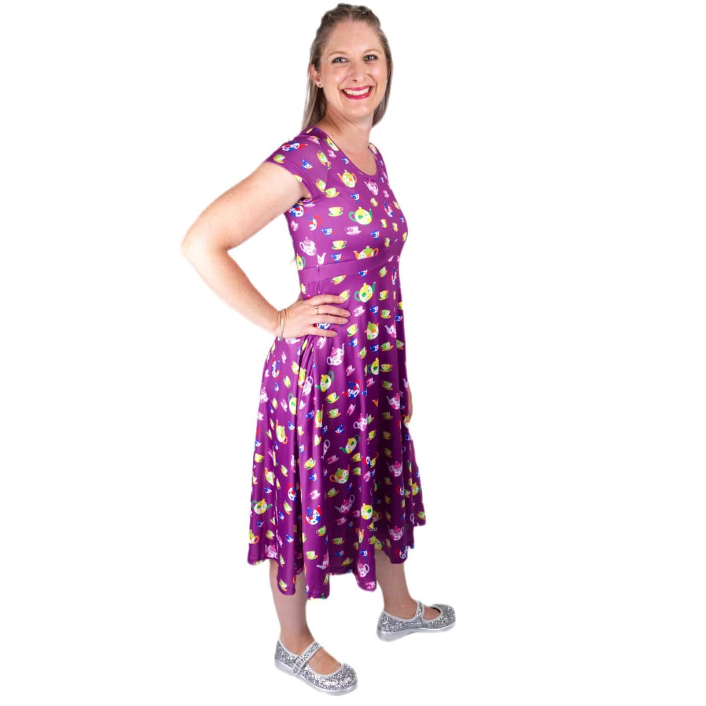 Tea Party Tea Dress by RainbowsAndFairies.com.au (Teacup - Teapot - Alice In Wonderland - Purple - Kitsch - Dress With Pockets - Vintage Inspired) - SKU: CL_TEADR_TEAPA_ORG - Pic-03