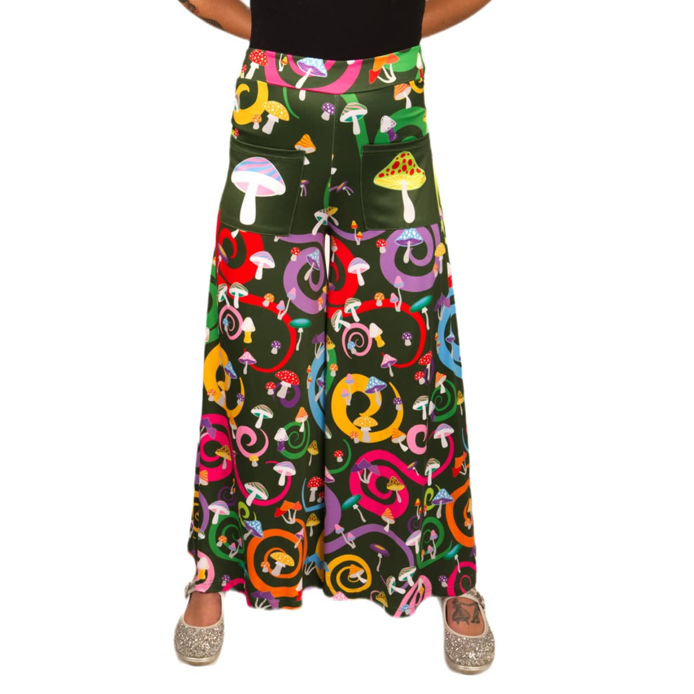 Toadstool Wide Leg Pants by RainbowsAndFairies.com.au (Mushroom - Psychedelic Swirl - Woodstock - Vintage Inspired - Flares - Pants With Pockets) - SKU: CL_WIDEL_TOADS_ORG - Pic-01