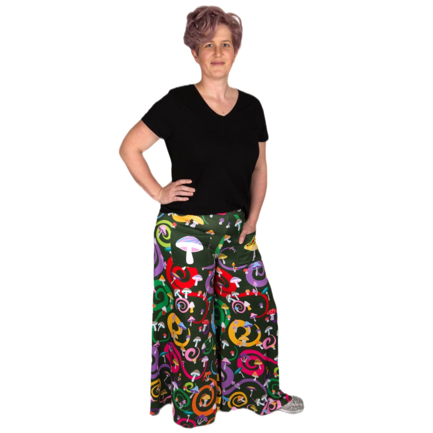 Toadstool Wide Leg Pants by RainbowsAndFairies.com.au (Mushroom - Psychedelic Swirl - Woodstock - Vintage Inspired - Flares - Pants With Pockets) - SKU: CL_WIDEL_TOADS_ORG - Pic-04