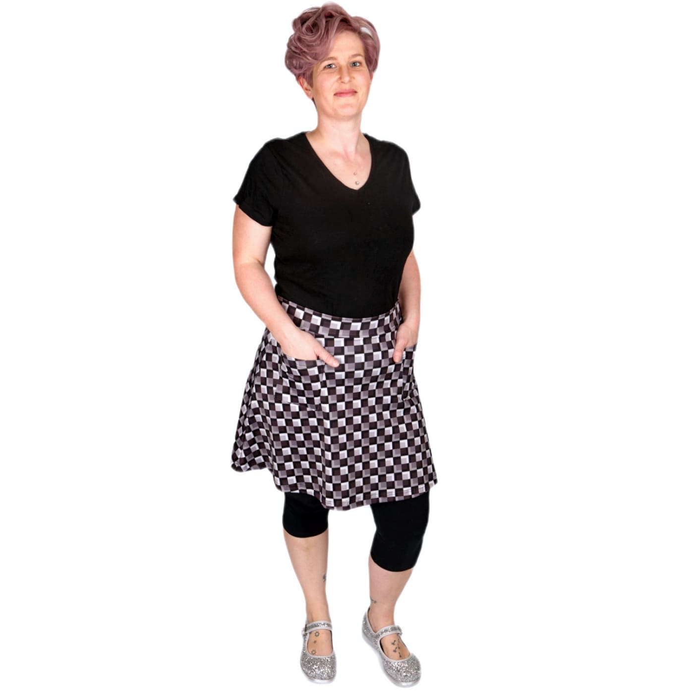 Too Square Short Skirt by RainbowsAndFairies.com.au (Check Print - Black - White - Grey - Kitsch - Aline Skirt With Pockets - Vintage Inspired) - SKU: CL_SHORT_TOOSQ_ORG - Pic-05