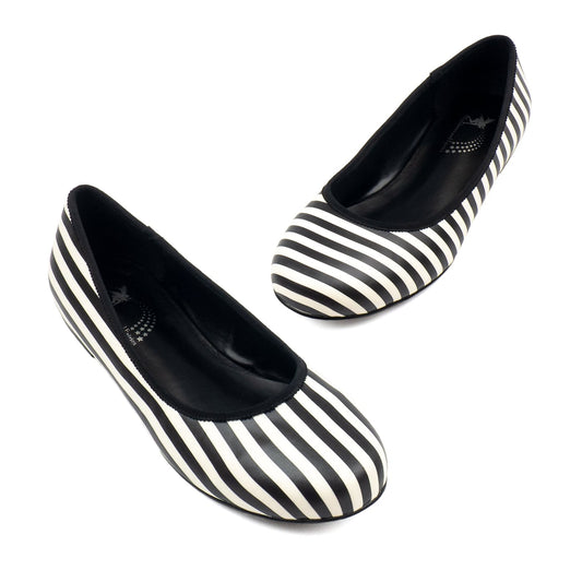 Zebra Ballet Flats by RainbowsAndFairies.com (Black & White Stripes - Horizontial - Vertical - Slip Ons - Mismatched Shoes) - SKU: FW_BALET_ZEBRA_ORG - Pic 01