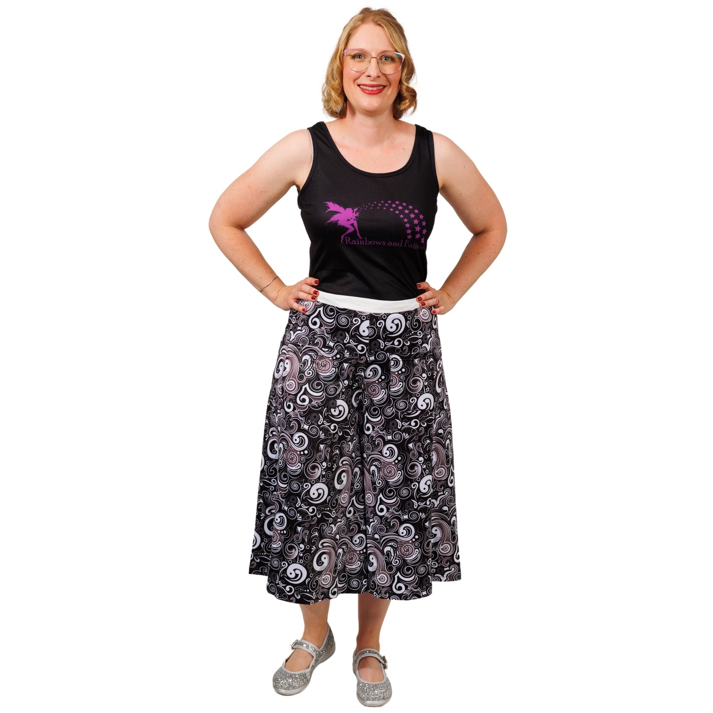 Abstract Culottes by RainbowsAndFairies.com (Black & White - Psychedelic - 3 Quarter Wide Leg Pants - Cute - Vintage Inspired) - SKU: CL_CULTS_ABSTR_ORG - Pic 02