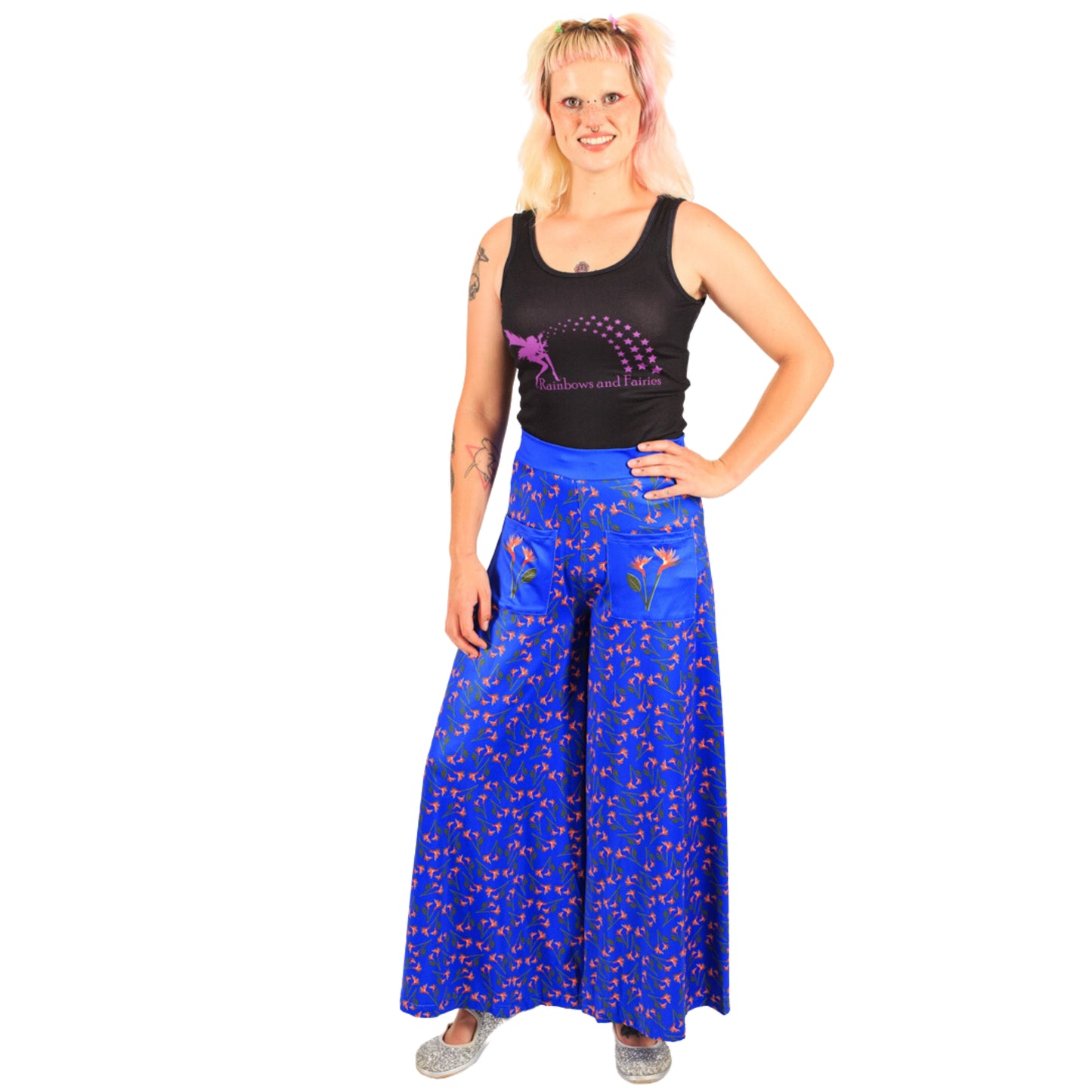 Birds Of Paradise Wide Leg Pants by RainbowsAndFairies.com.au (Flowers - Floral Print - Vintage Inspired - Flares - Pants With Pockets) - SKU: CL_WIDEL_BPARA_ORG - Pic-05