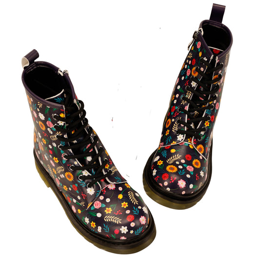 Bloom Wonder Boots by RainbowsAndFairies.com.au (Flowers - Floral Print - Combat Boots - Side Zip Boots - Mismatched Shoes) - SKU: FW_WONDR_STARB_ORG - Pic-01